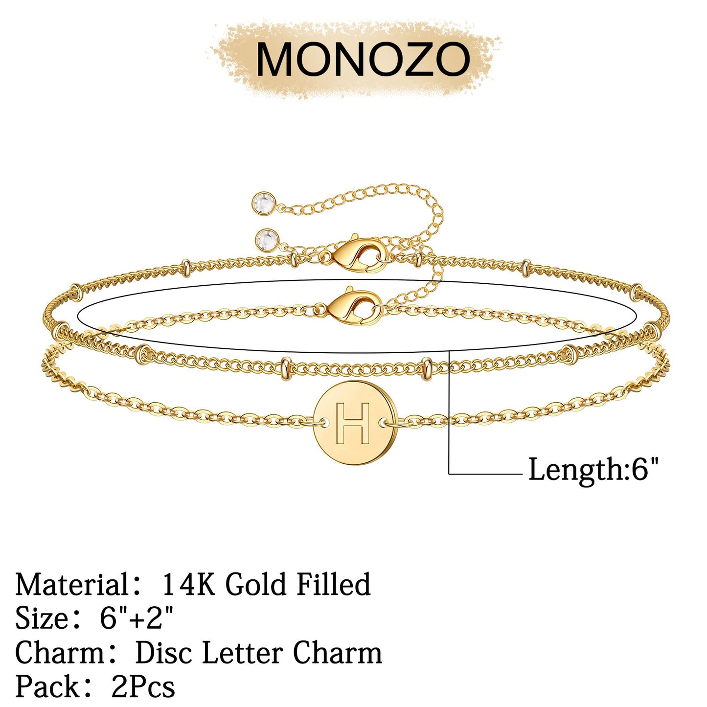 MONOZO Gold Initial Bracelets for Women, Dainty 14K-gold-plated Layered Beaded H Letter Initial Bracelet Personalized Alphabet Disc Monogram Charm Bracelet Jewelry Gifts