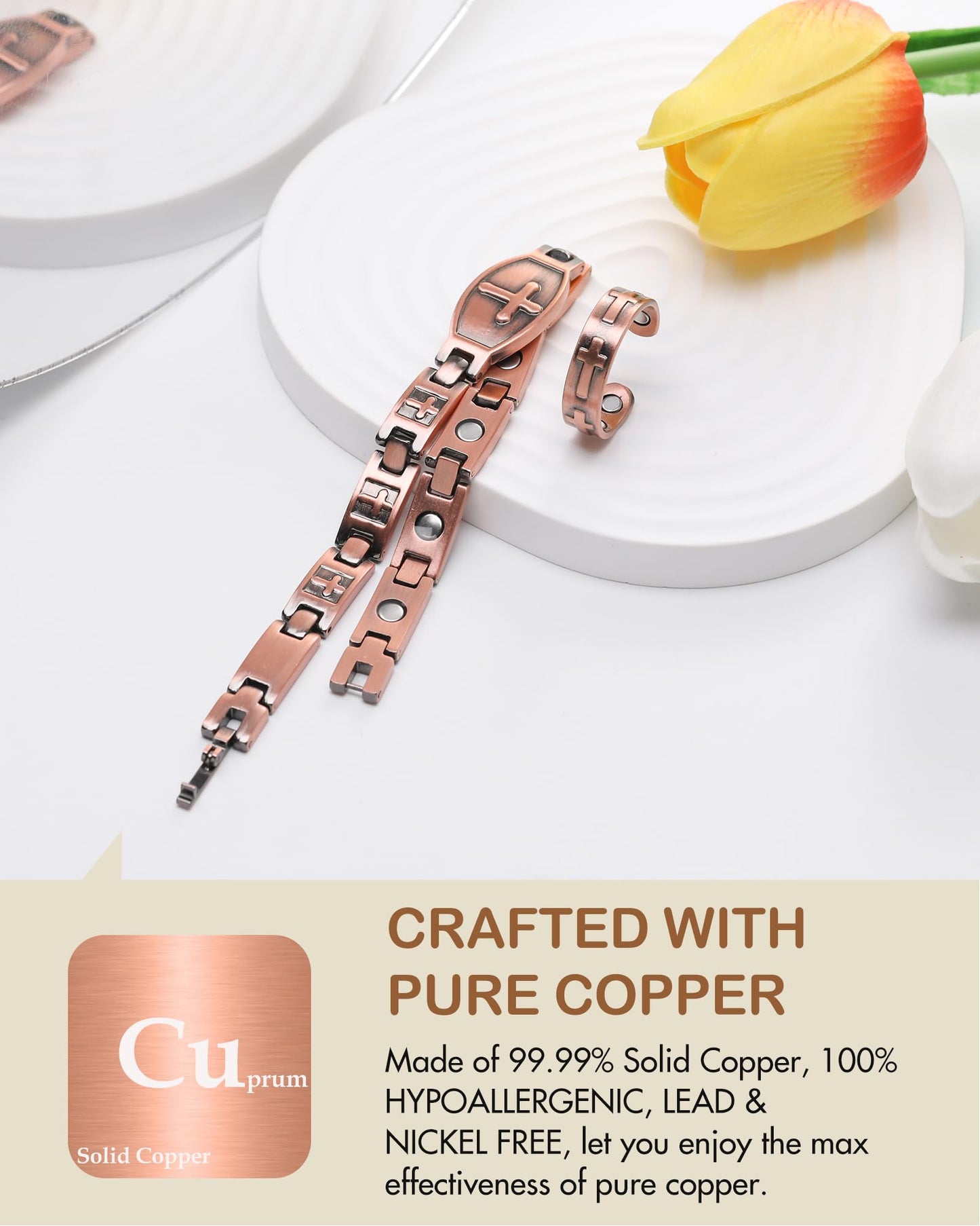 Feraco Pure Copper Bracelets & Rings for Women, Ultra Strength Magnetic Bracelet with 3500 Gauss Magnets, Adjustable with Sizing Tool, Cross Jewelry