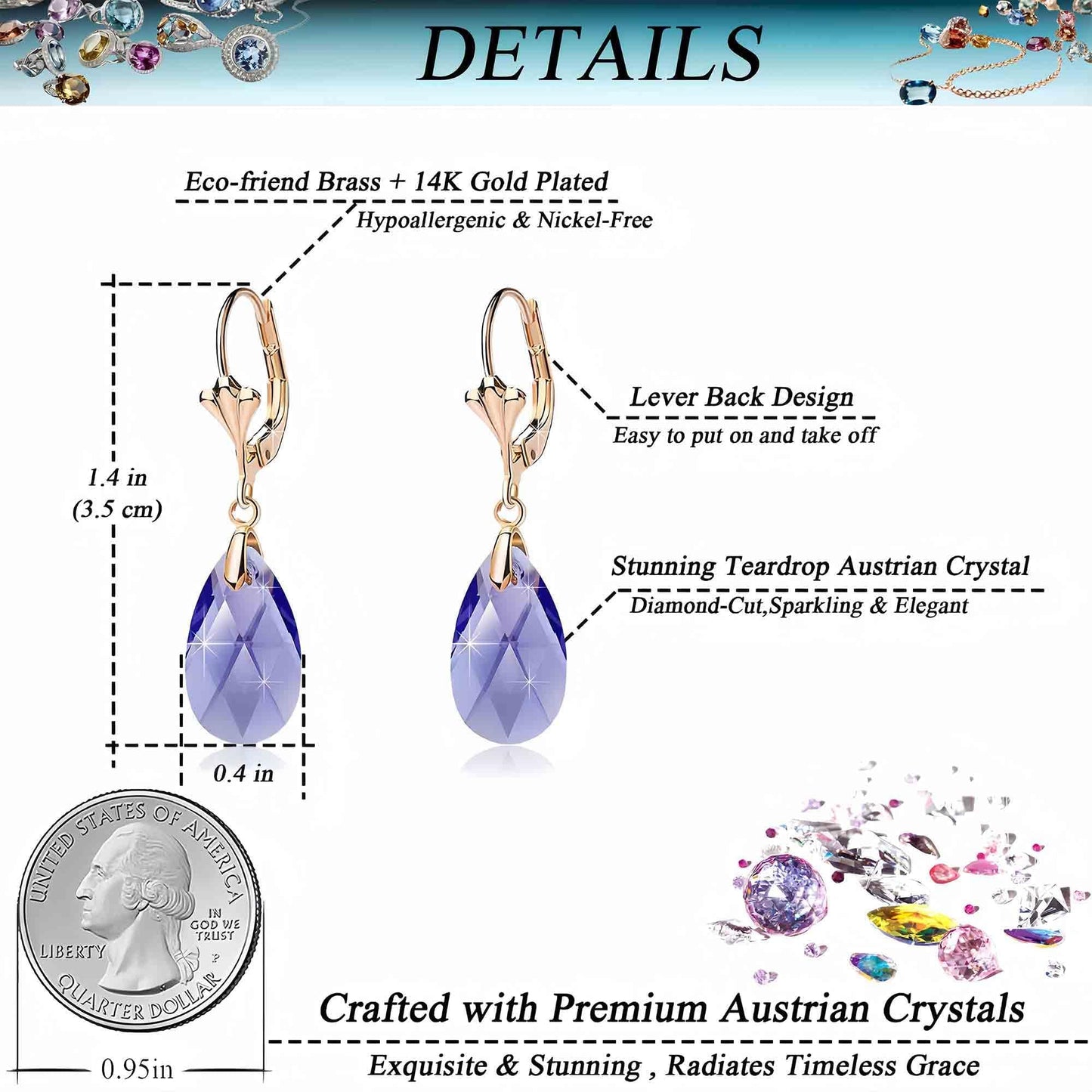 Austrian Crystal Teardrop Leverback Dangle Earrings for Women Fashion 14K Gold Plated Hypoallergenic Jewelry (Tanzanite)