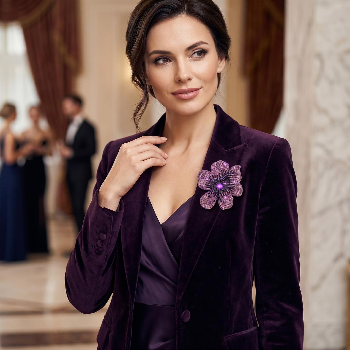 Merdia 3.74 Inch Rhinestone Camellia Flower Brooch Pin & Hair Clip for Women | Crystal Camellia Lapel Pin, Hair Clip Accessory for Parties & Weddings | Brooches and Pins for Women - Purple