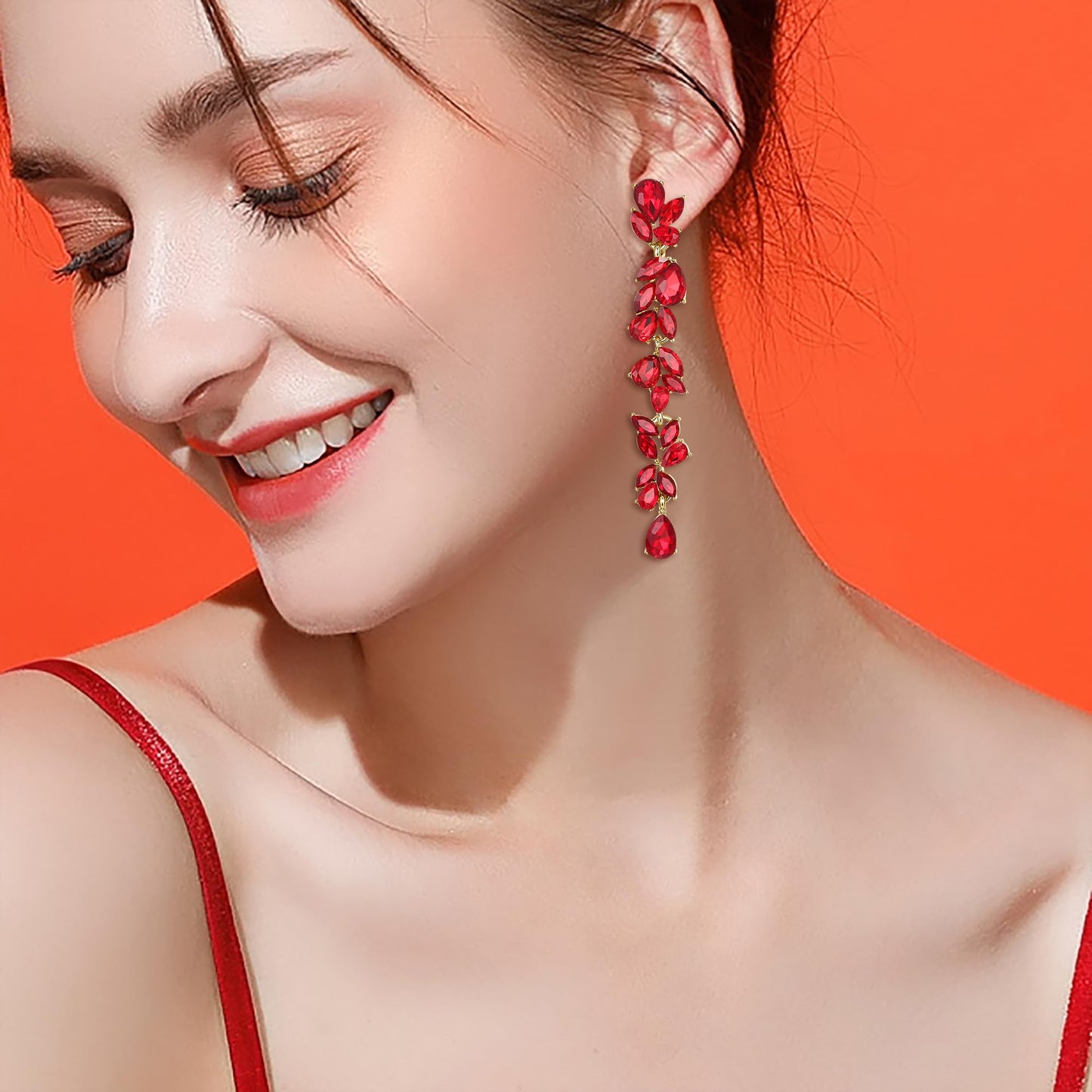 EVER FAITH Rhinestone Crystal Chandelier Dangle Earrings for Women, Art Deco Marquise Teardrop Bridal Wedding Long Drop Earring for Prom Red Gold-Plated-Base