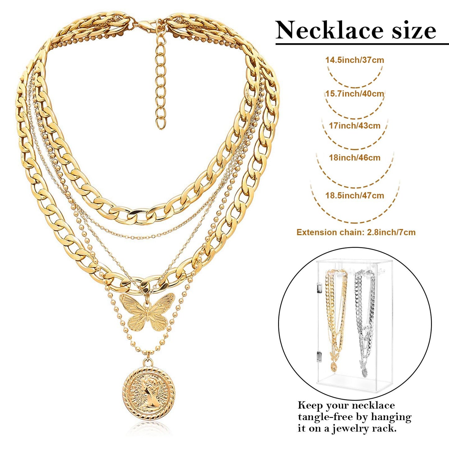MJartoria Gold Layered Necklaces for Women Trendy Retro Coin Pendant Necklace Dainty Chunky Chain Choker Necklaces for Jewelry Birthday Gifts (Gold, A-X-Butterfly-5 in 1 Layered)