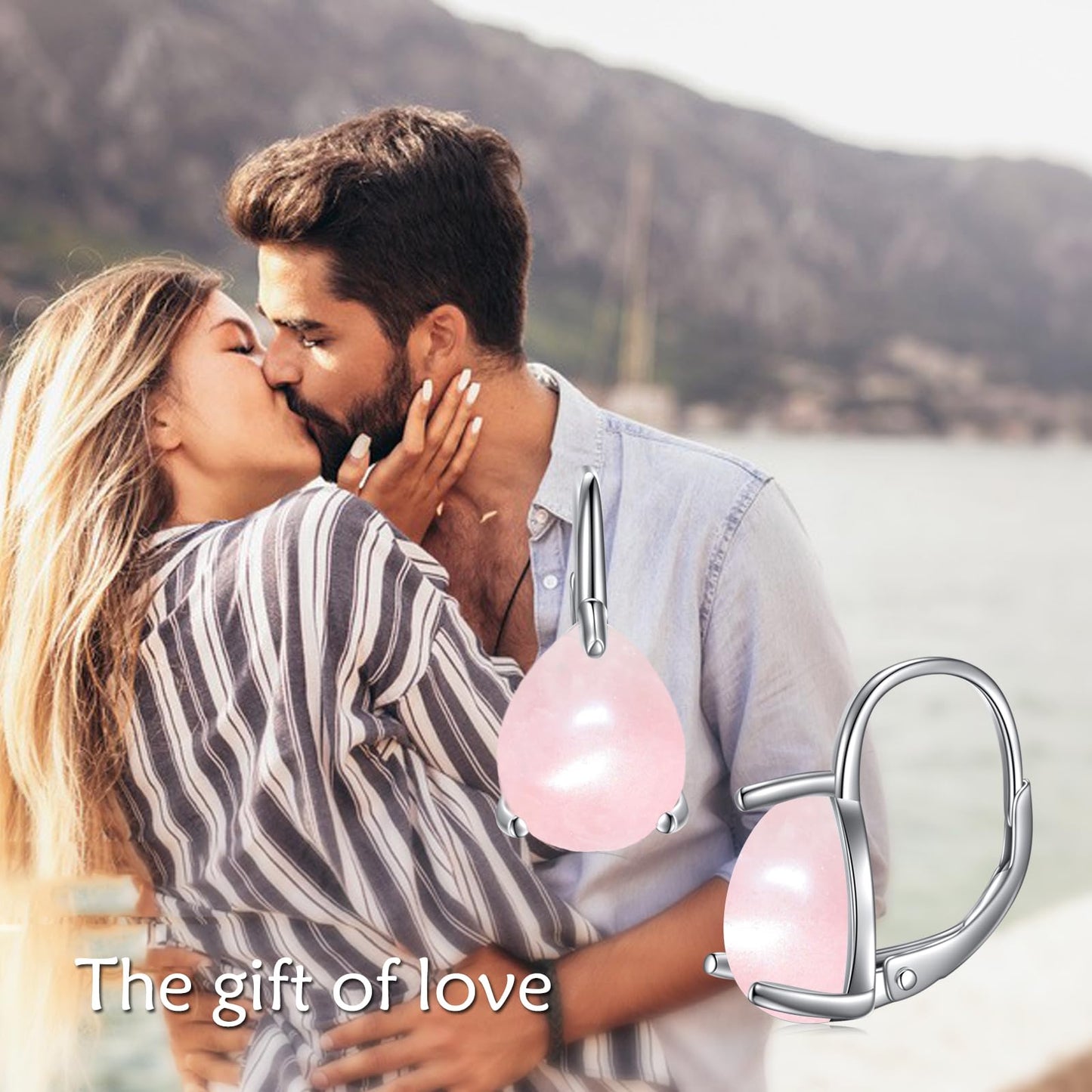 SHEAISRS Teardrop Rose Quartz Leverback Earrings for Women 925 Sterling Silver Pink Crystal Earrings