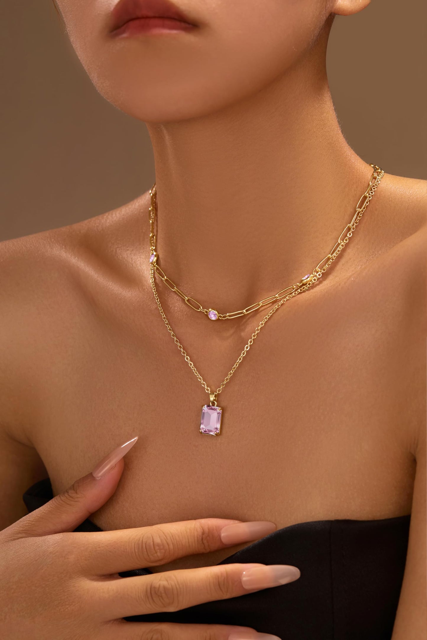 VANGETIMI Pink and Gold Layered Pendant Necklaces for Women 14k Gold Plated Crystal Choker Necklace Paperclip Rhinestone Necklace Party Prom Jewelry