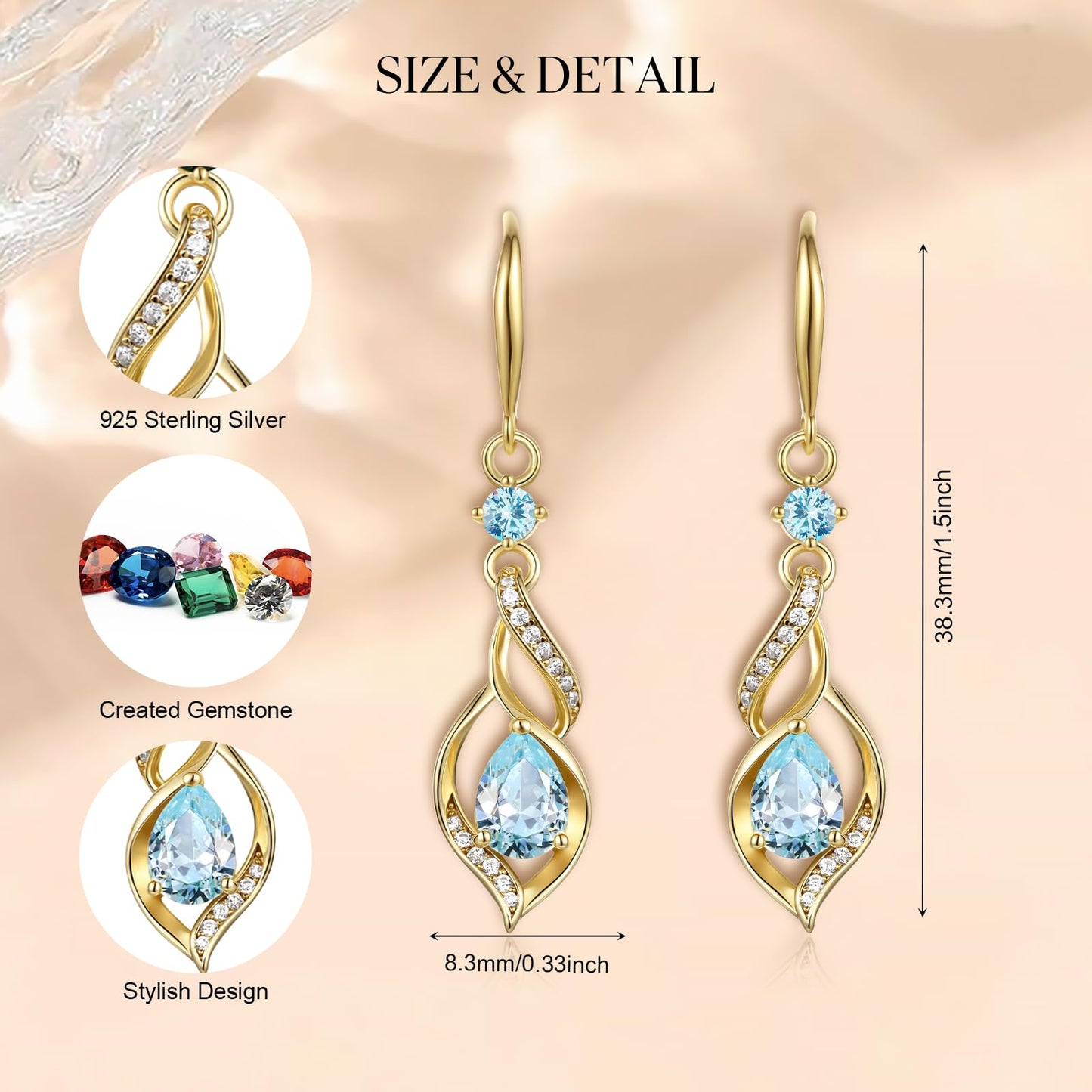 FANCIME 14K Gold Plated March Birthstone Dangle Earrings for Women Teardrop Aquamarine Earrings S925 Sterling Silver infinity Love Birthday Gifts for Mom Women