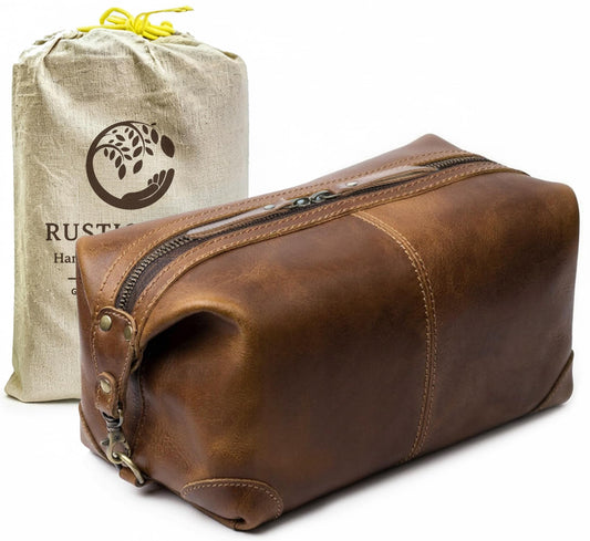 RUSTIC TOWN Full Grain Leather Toiletry Bag for Men & Women – Handcrafted Travel Dopp Kit – Large Water-Resistant Makeup & Shaving Organizer