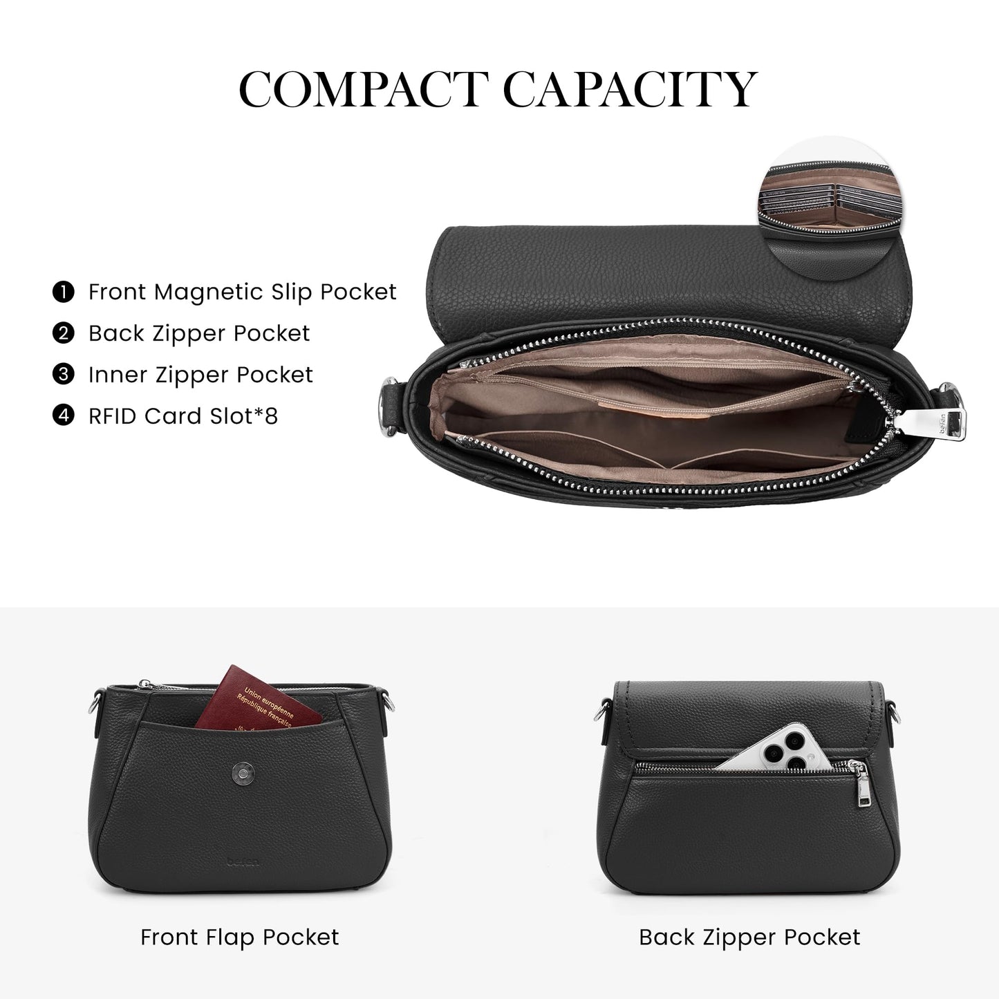 befen Black Crossbody Leather Purse for Women Small Real Genuine Leather Shoulder Bags with RFID Blocking, Saddle Bag Purses for Women 2026 Summer Cross Body Handbags for Daily Travel