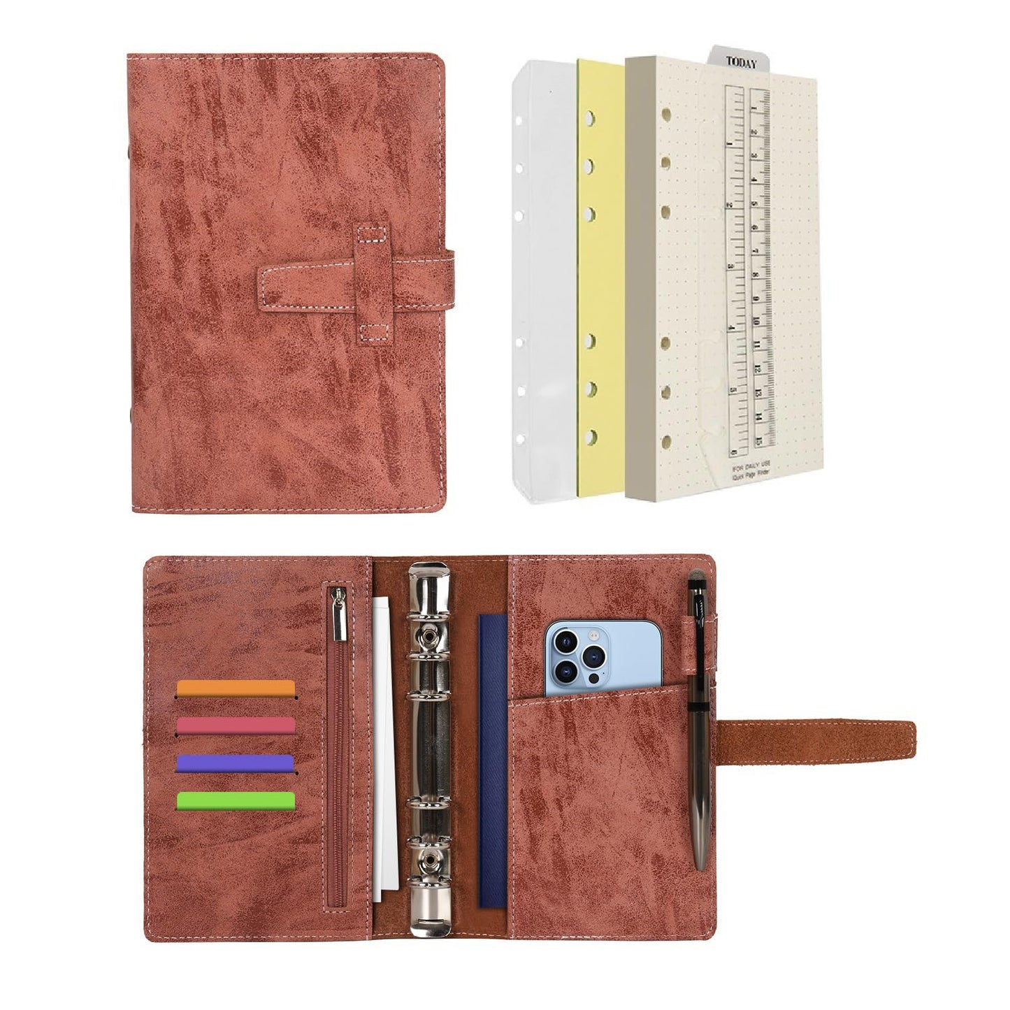 Wonderpool Leather Journal Refillable Binder A6 Writing Notebook Folder Organiser with Dotted Paper & Multi Pockets Cover for Business School Travel (A6, Brown)