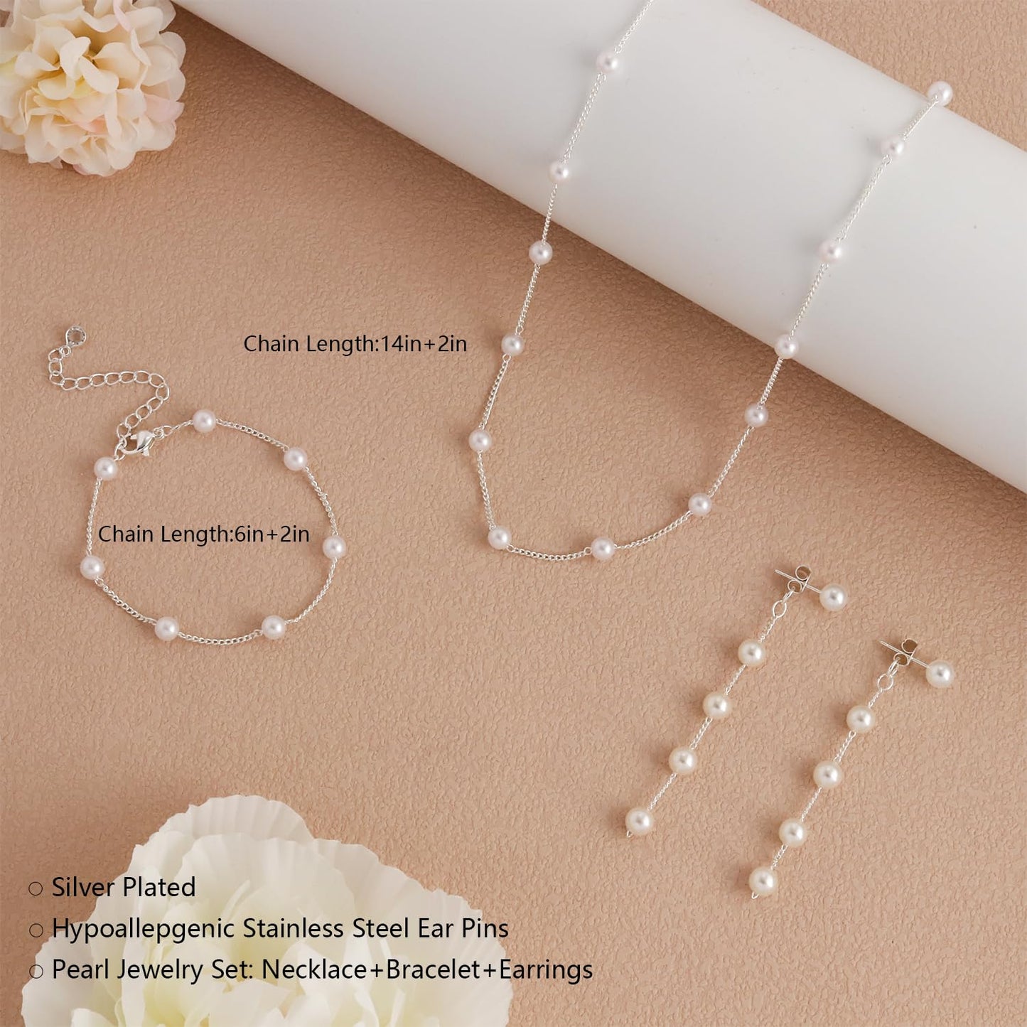 KXIEER Silver Jewelry Set for Women,Dainty Silver Pearl Necklace and Earring Set Pearl Drop Earrings Bracelets Pearls Choker Necklace Wedding Jewelry for Women Gift