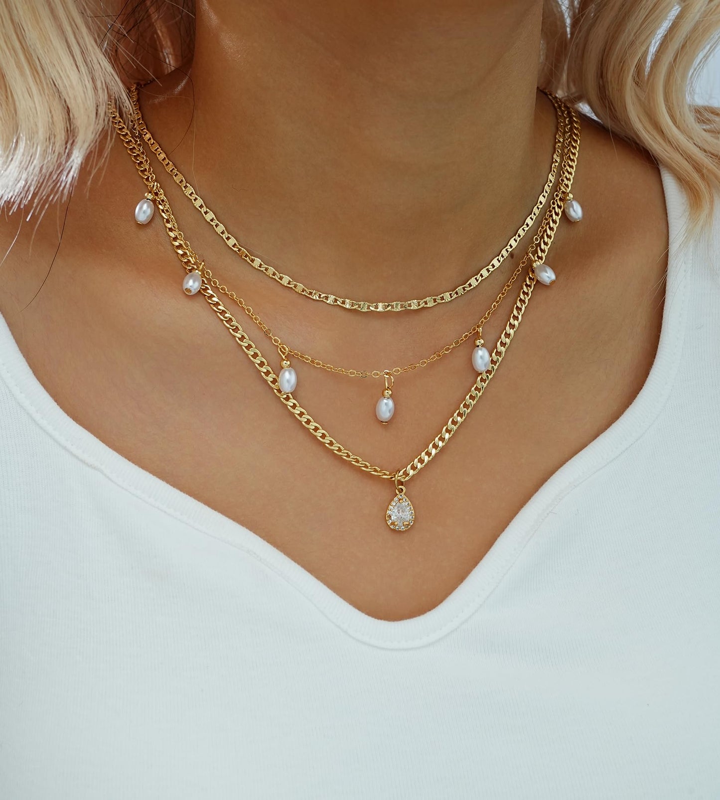 YEEZII Layered Gold Necklaces for Women Trendy, 3 Pcs 14K Gold Plated Choker Paperclip Box Chain Necklace, Stackable Women's Gold Pendant Necklaces Jewelry Set (Gold-3 Pcs-Pearl)