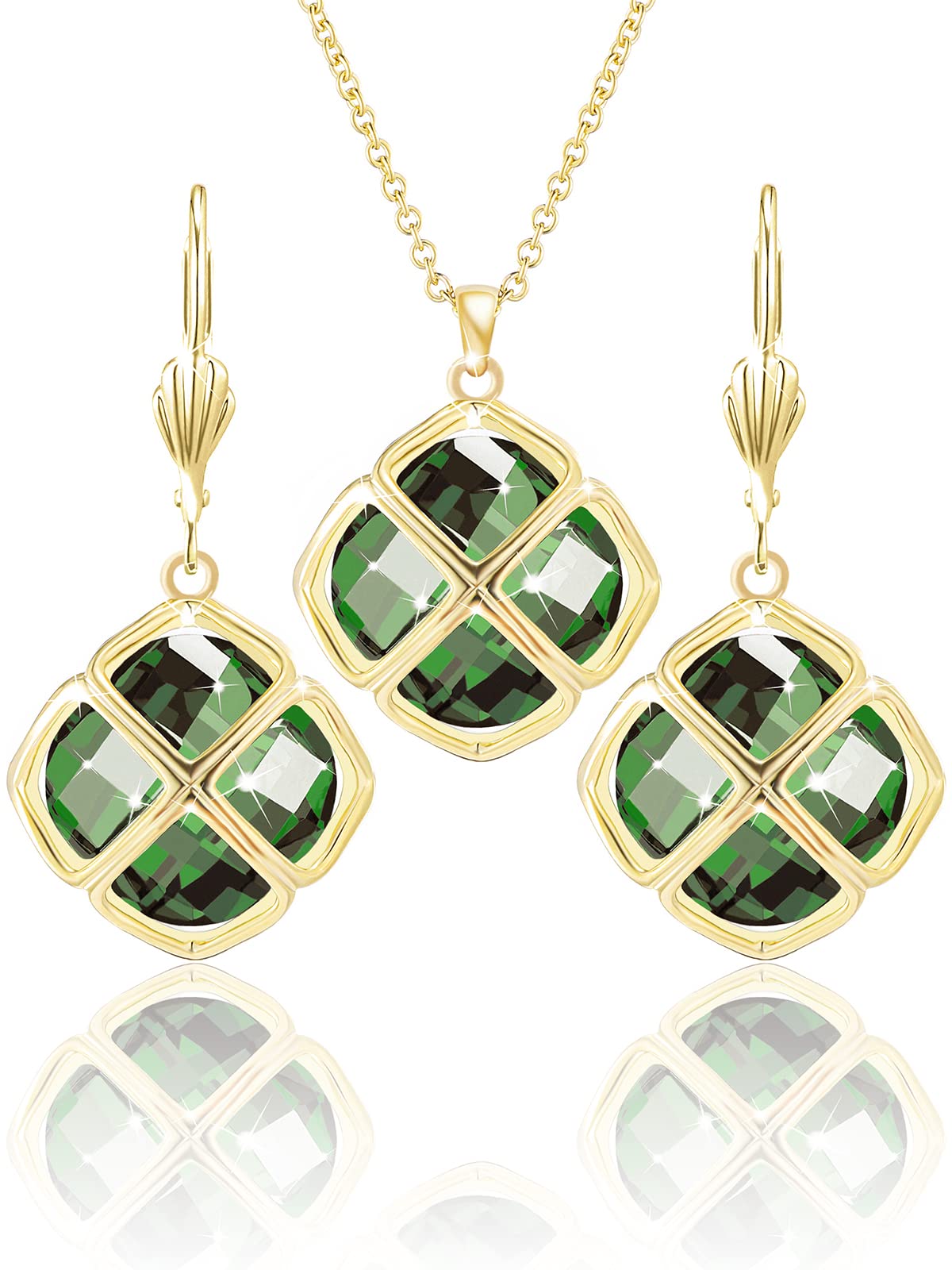 Qinpan 14MM Crystal Pendant Dangle Necklace Earrings Sets for Women Glod Plated Costume Jewelry, 38*17.8mm, Yellow Gold, Emerald
