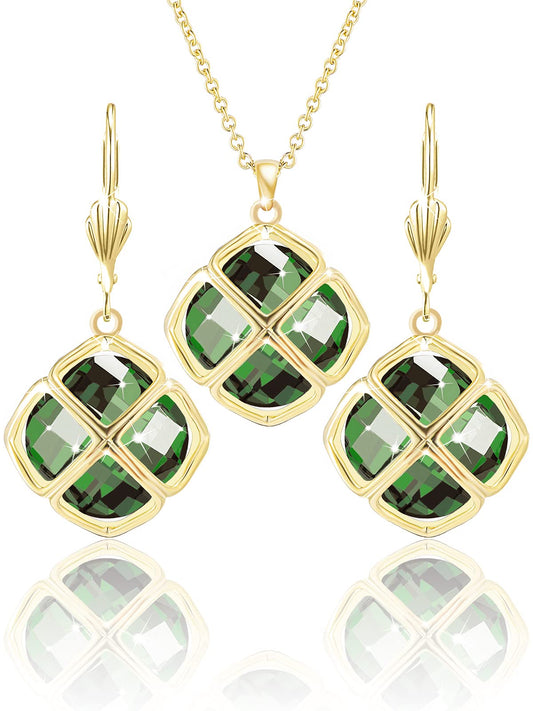 Qinpan 14MM Crystal Pendant Dangle Necklace Earrings Sets for Women Glod Plated Costume Jewelry, 38*17.8mm, Yellow Gold, Emerald
