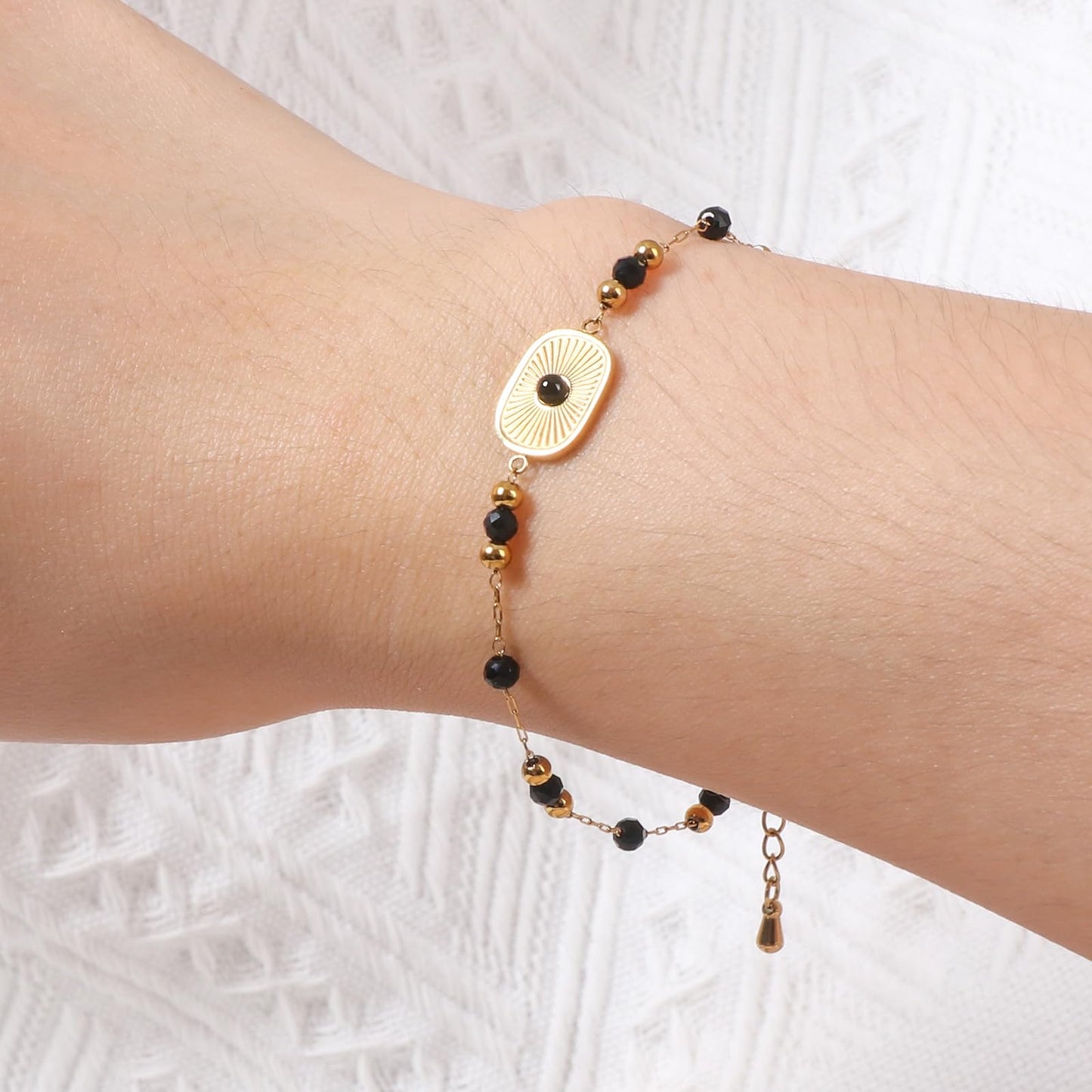 TaYolnFaSo Natural Black Agate Jewelry Set for Women 18K Gold Plated Sun Disk Black Agate Necklace Earrings Bracelet Set Gift for Girlfriend