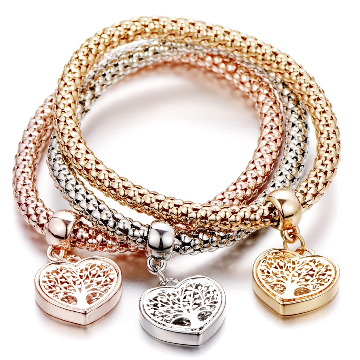 SILANER Crystal Charms Multilayer Bracelets - 3PCS Gold/Silver/Rose Gold Corn Chain Bracelet for Women, Tree of Life Heart Shaped Stretch Bracelet(TREE OF LIFE HEART EDITION CHARM)