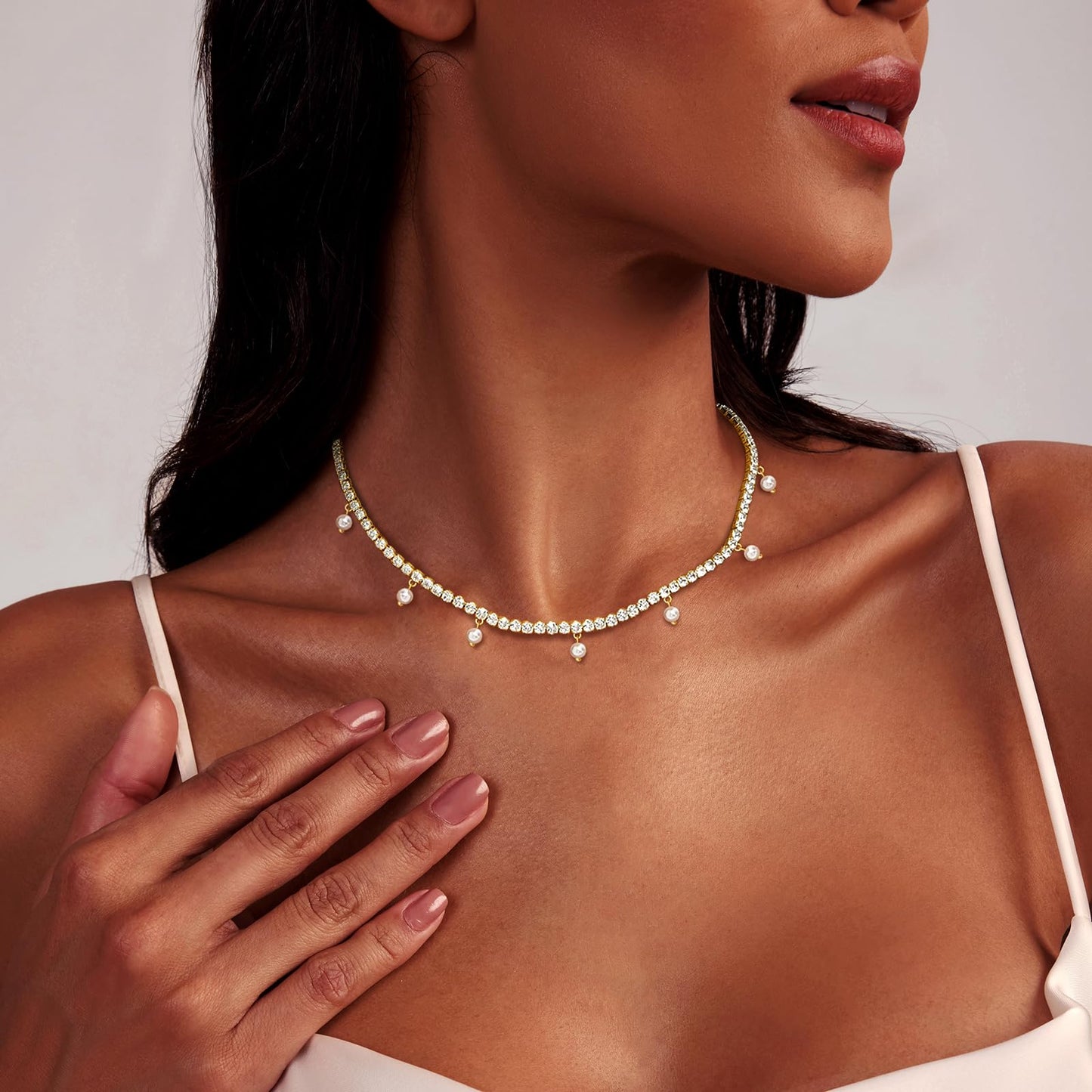 LULII Tennis Necklaces for Women Gold Rhinestone Choker Pearl Charm Necklace Dainty Cubic Zirconia Diamond Chain for Women Gold Jewelry Gift