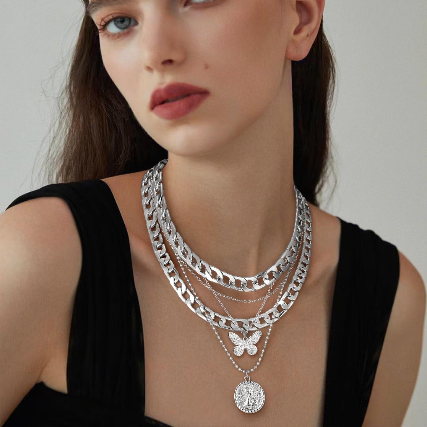 MJartoria Gold Layered Necklaces for Women Trendy Retro Coin Pendant Necklace Dainty Chunky Chain Choker Necklaces for Jewelry Birthday Gifts (Silver, A-X-Butterfly-5 in 1 Layered)