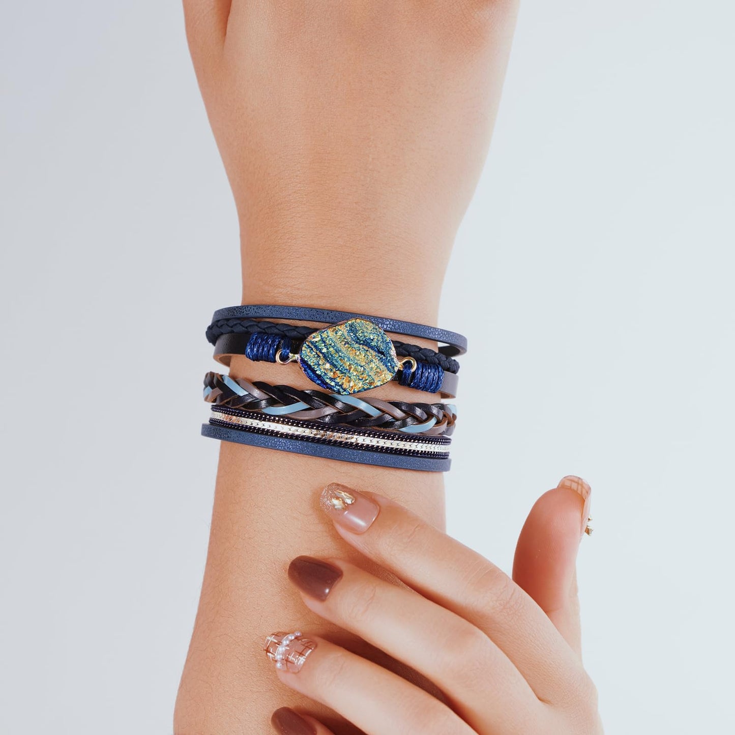 Becklynn Boho Leather Wrap Bracelets Beaded Crystal Stackable Cuff Bracelet with Magnetic Clasp Cowboy Cowgirl County Concert Outfits Western Jewelry Gifts for Women(Stone Navy Blue)