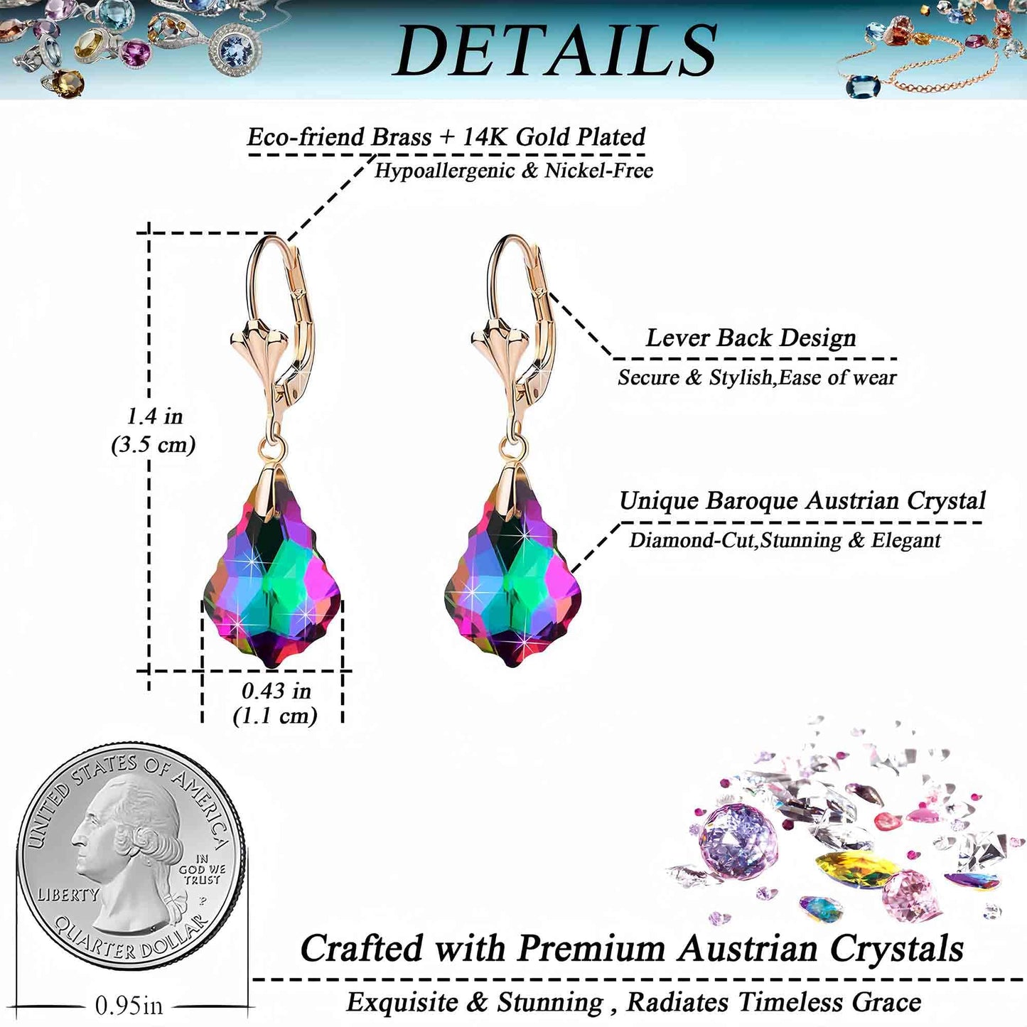 Austrian Crystal Baroque Drop Leverback Earrings for Women Fashion 14K Gold Plated Hypoallergenic Jewelry (Vitrail Medium)