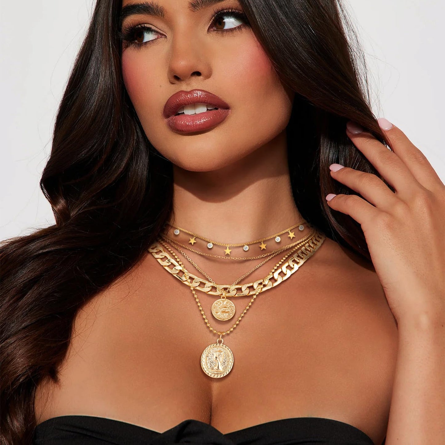 MJartoria Gold Layered Necklaces for Women Trendy Retro Coin Pendant Necklace Dainty Chunky Chain Choker Necklaces for Jewelry Birthday Gifts (Gold, D-Star+Coin-4PCS)
