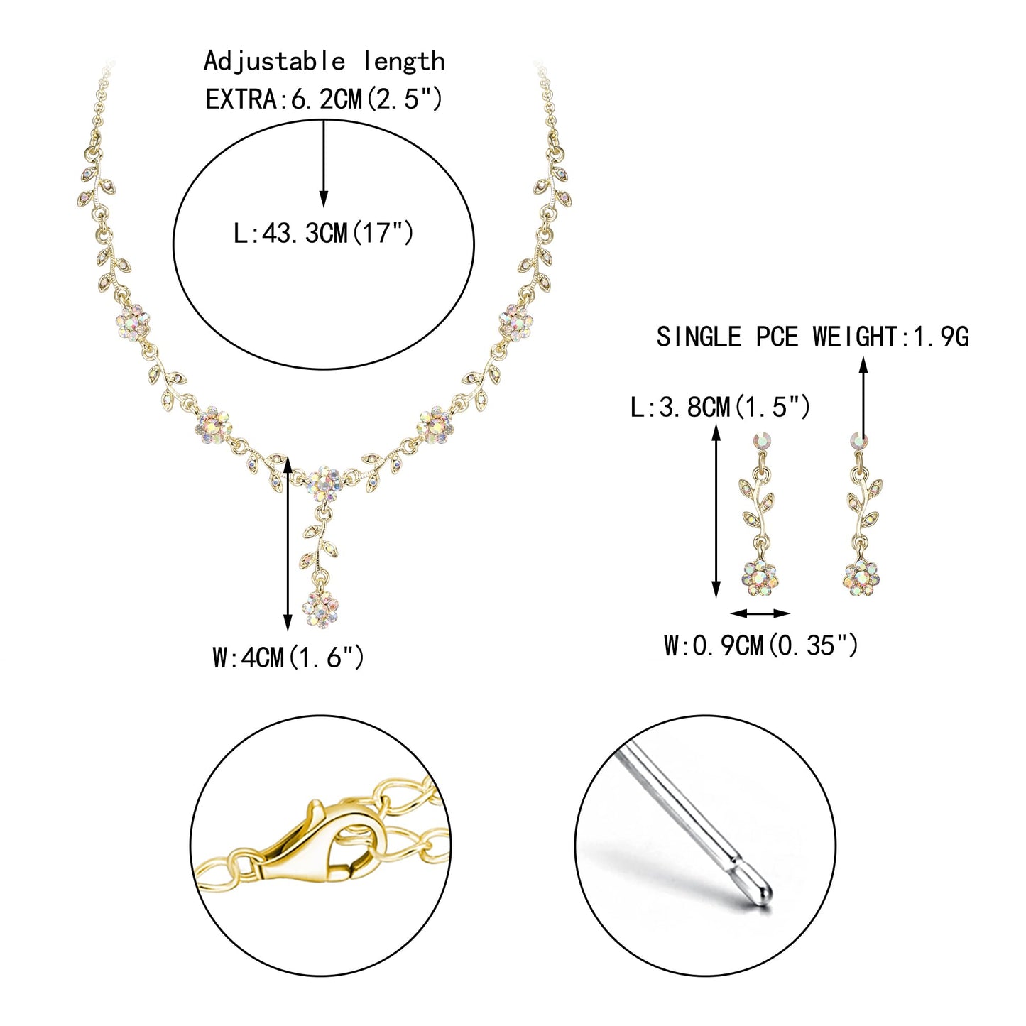 EVER FAITH Wedding Jewelry Sets for Women Rhinestone Crystal Elegant Cluster Flower Bridal Necklace Earrings Set fit with Prom Party Dress Iridescent AB Gold-Tone
