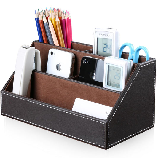 KINGFOM Pu Leather Desk Organizer with 5 Compartments Holder, Multi-Functional Office Supplies Storage Caddy for Pen/Pencil, Phones, Remote Controller and Desktop Accessorie Brown