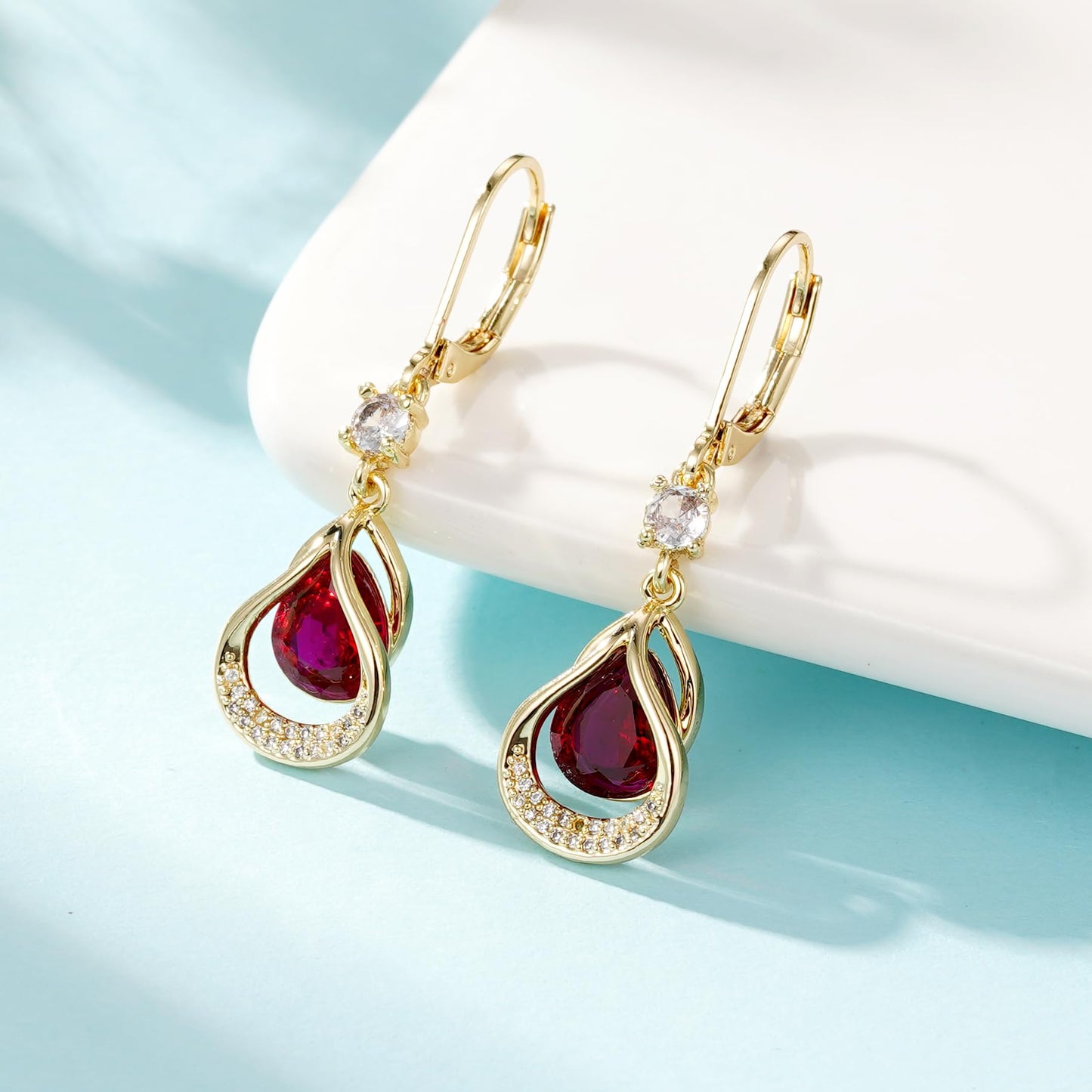 Dangle Trendy Leverback Birthstone Earrings 14K Gold Plated Teardrop Dangle Earrings Jewelry Christmas Birthday Gifts for Women(Gold January)