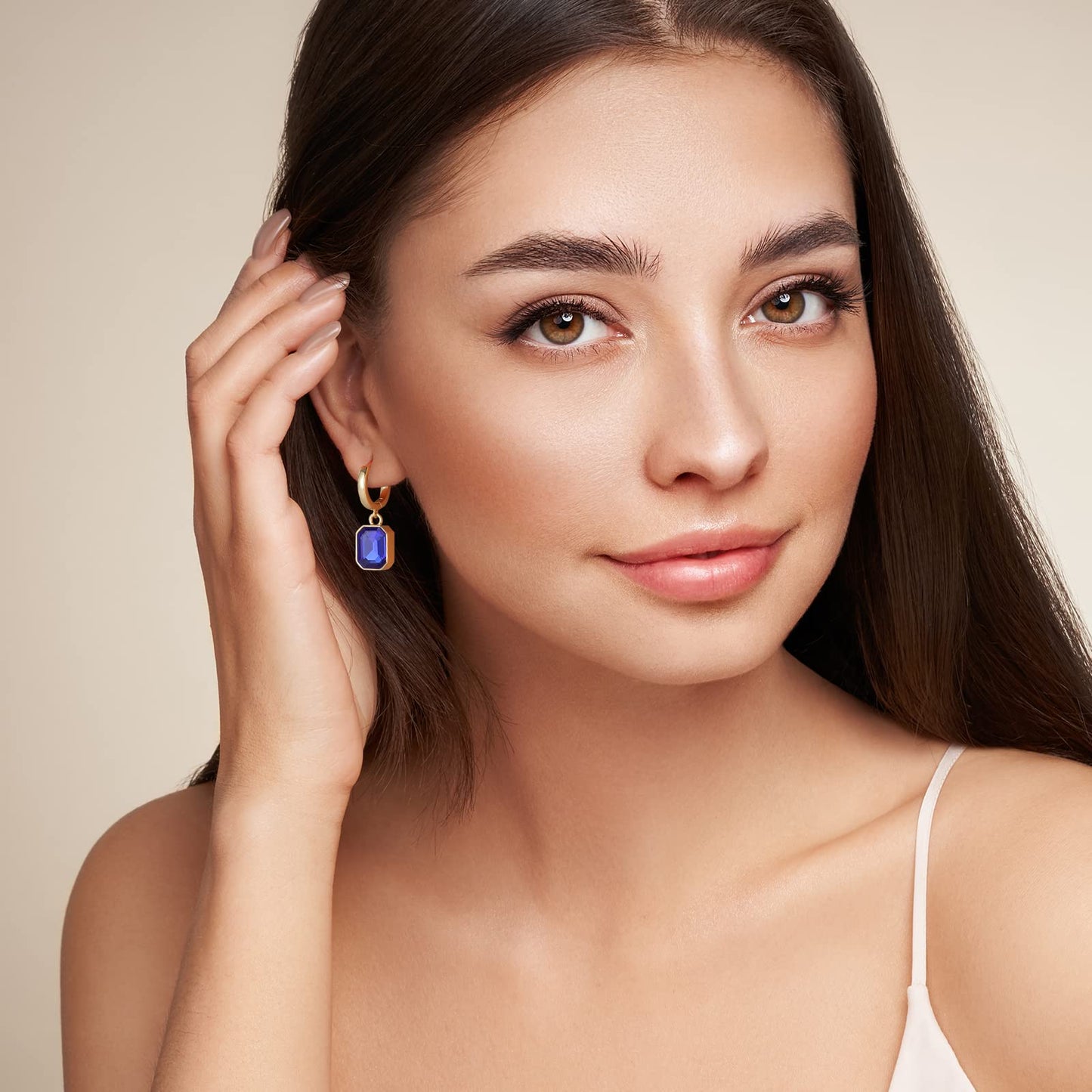 Birthstone Crystal Dangle Drop Earrings, 18K Gold Plated Huggie Hoop Hypoallergenic Earring Jewelry Gifts for Women (Royal Blue)