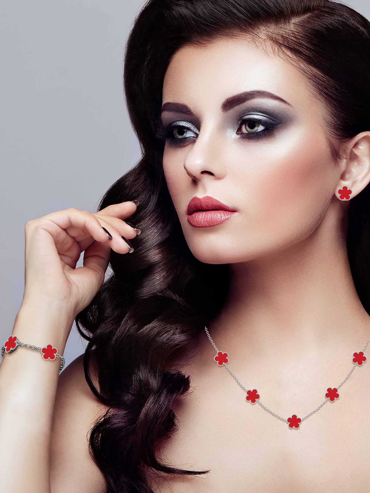 Qinpan Five Leaf Clover Necklace Bracelet and Stud Set for Women Lucky Flower Jewelry (Red-Stainless Steel)