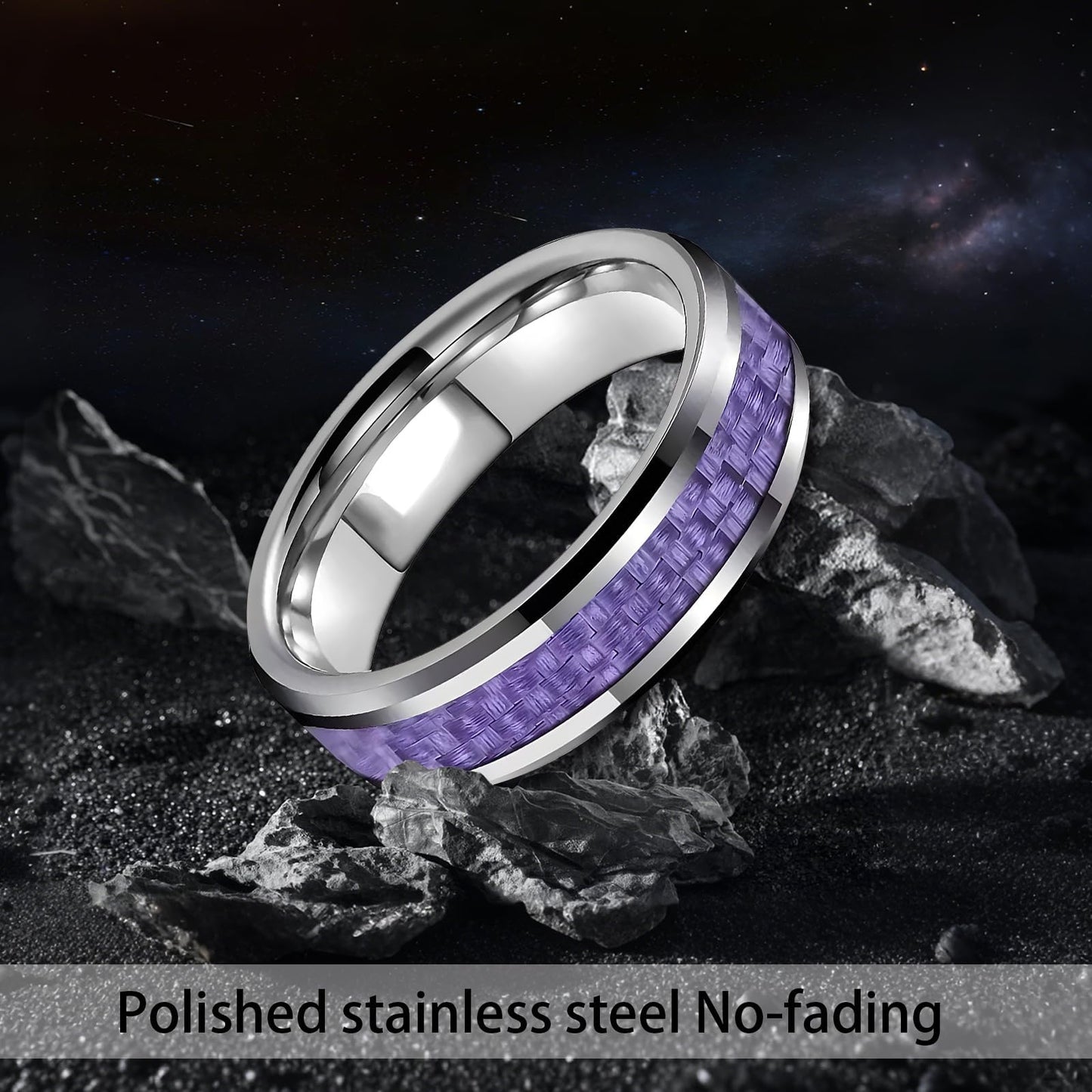 HJIMMNHONG New Carbon Fiber Fashion Rings Double Beveled Edge Delicate Polished Simple Stainless Steel Mens and Women Rings,8mm,Purple,Size 9