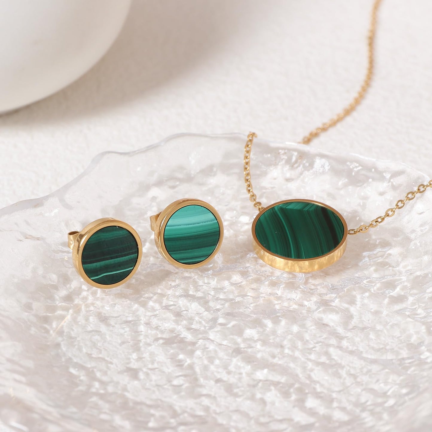 TaYolnFaSo Round Malachite Jewelry Set for Women 18K Gold Plated Malachite Necklace Studs Earrings Set Dainty Jewelry Gift