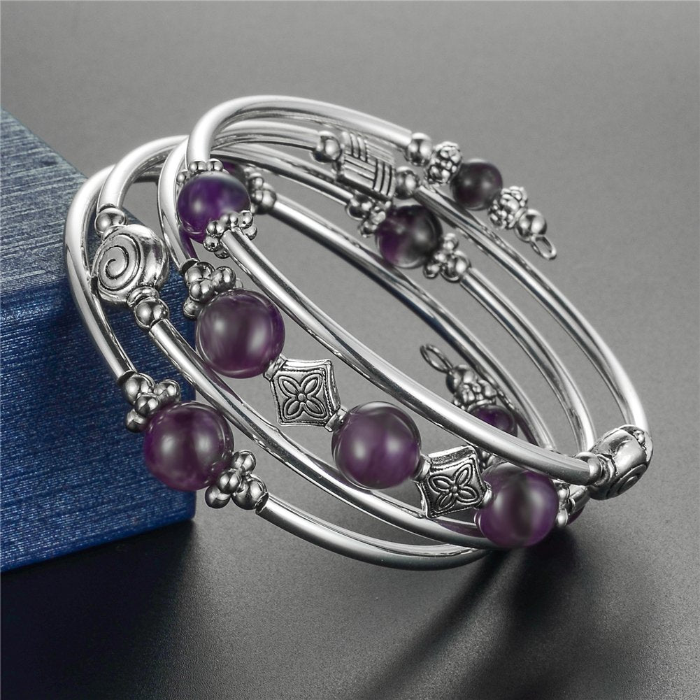 Beaded Pearl Bangle Wrap Bracelet - Fashion Bohemian Jewelry Multilayer Charm Bracelet with Thick Silver Metal Beads, Gift For Women(Purple)