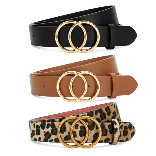 SANSTHS 3 Pack Women Waist Belts for Jeans Pants Dresses, Ladies Belt with Double O-Ring Gold Buckle, Black+Brown+Leopard M