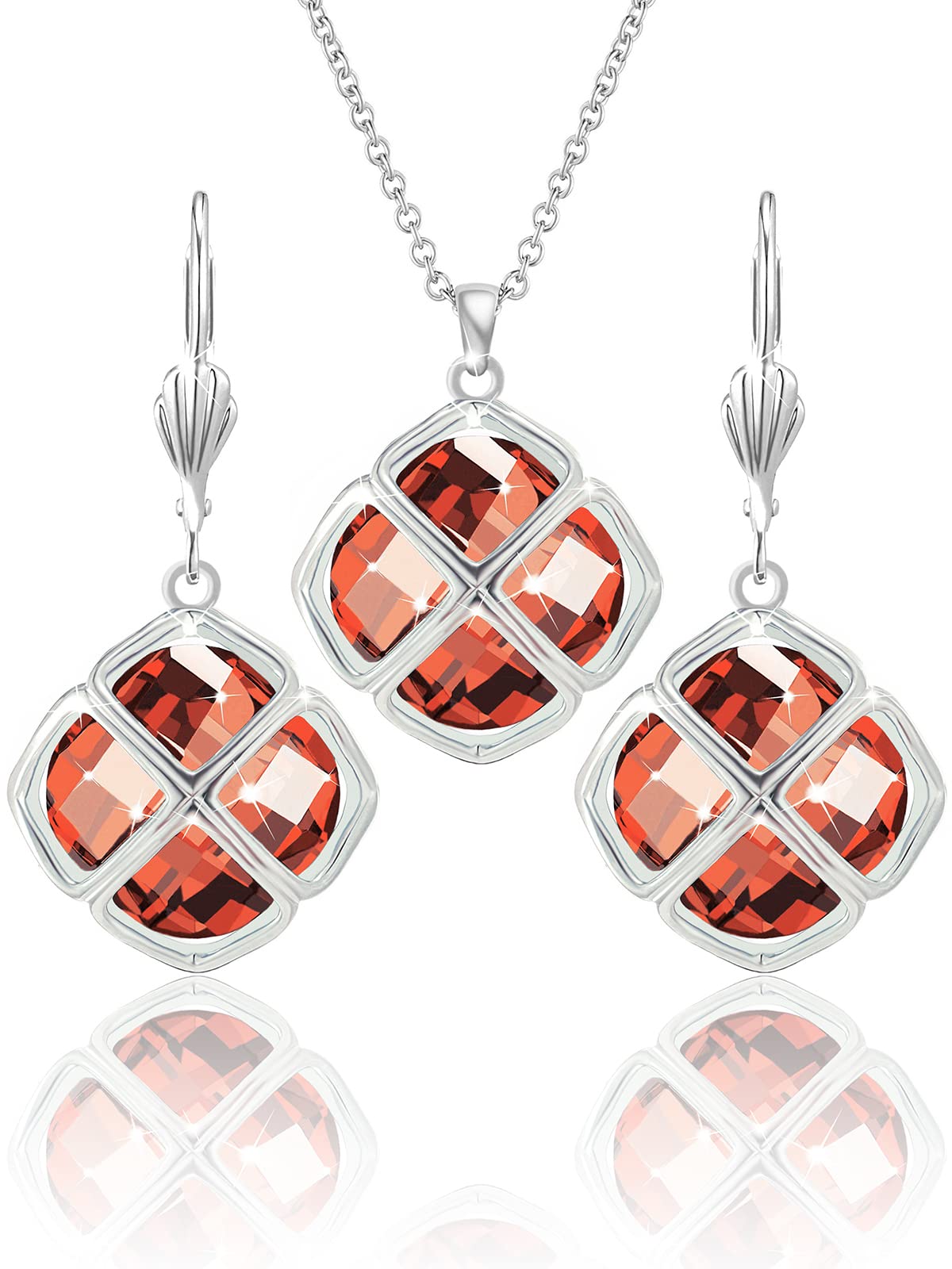 Qinpan 14MM Crystal Pendant Dangle Necklace Earrings Sets for Women Glod Plated Costume Jewelry, 38*17.8mm, Platinum, Ruby