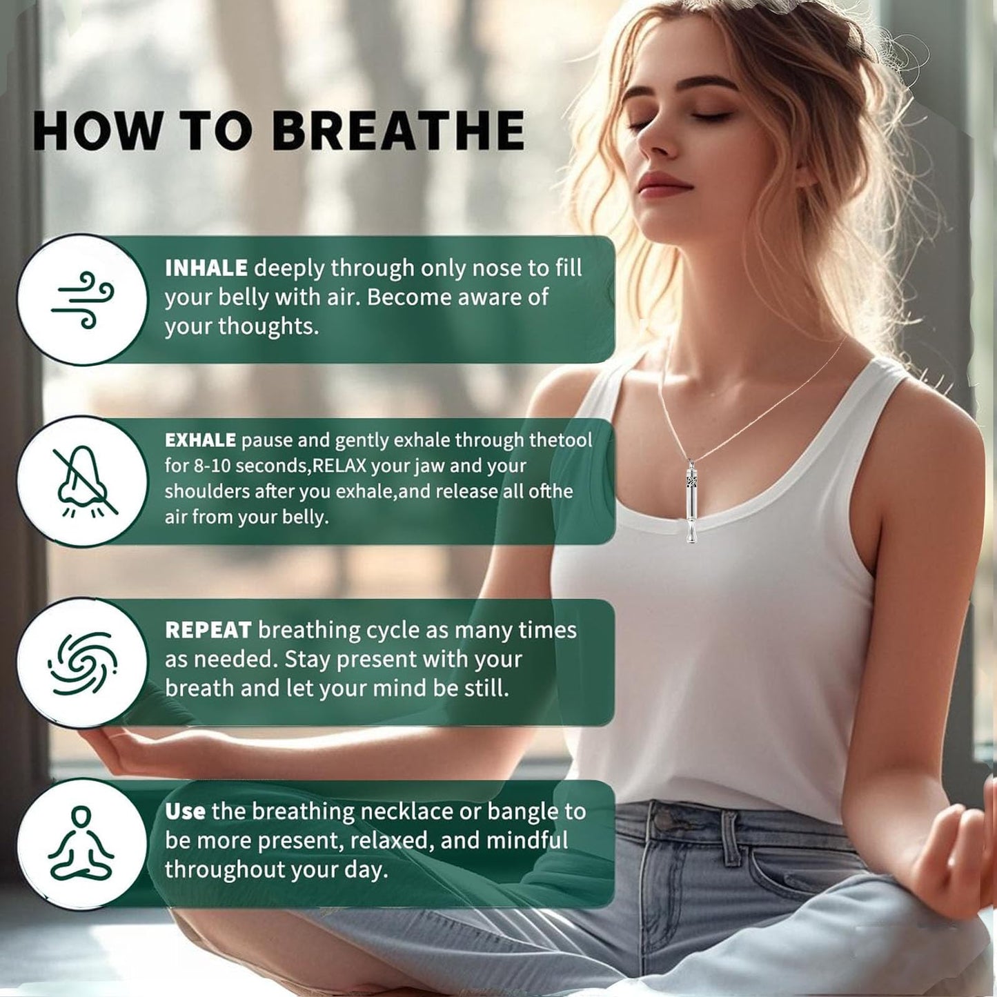 phaxud Stainless Steel Mindfulness Breathing Necklace & Essential Oil Diffuser for Women Men 2-in-1 Breathe Free Necklace Tool for Inner Balance, Relaxation and Meditation (Rainbow)