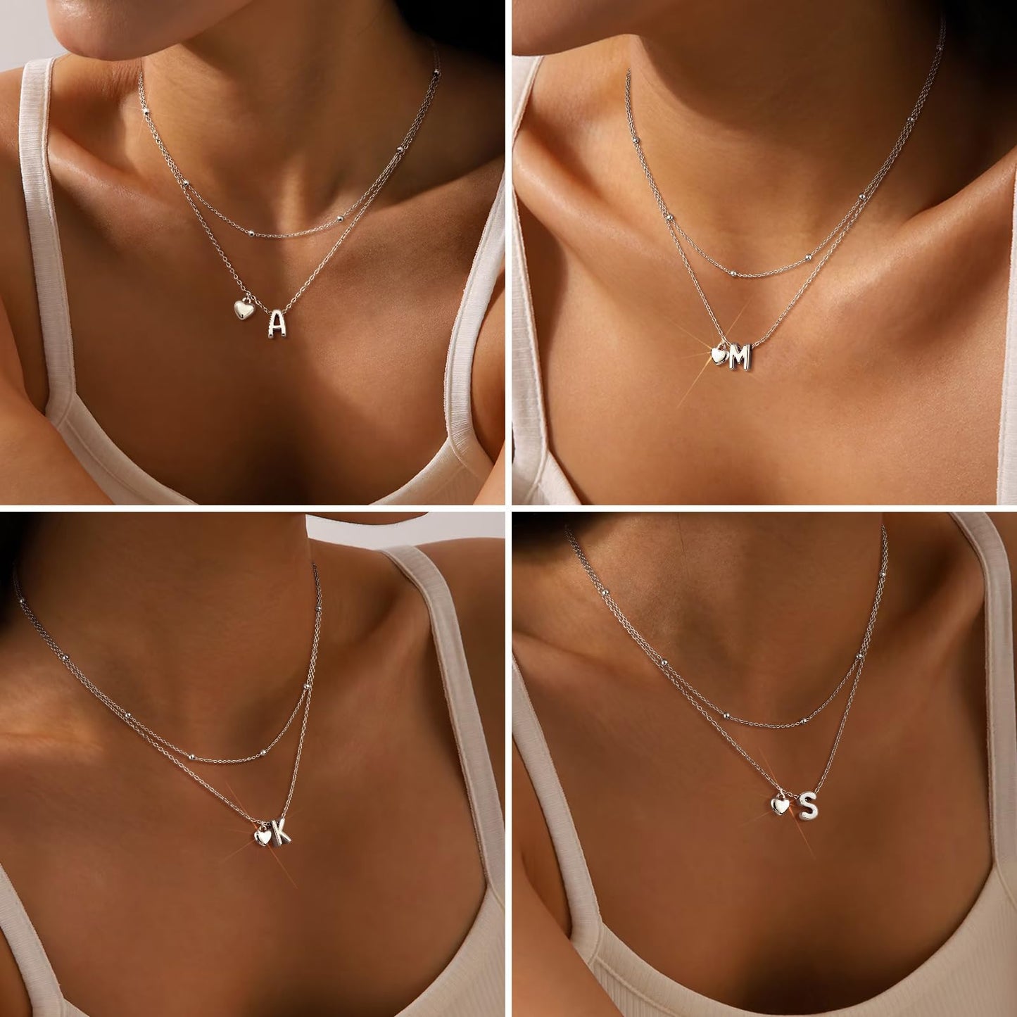 adoyi Silver Heart Initial Necklaces for Women 14k Gold Plated Layered bubble Letter Necklace Dainty Heart V Pendant Necklace Stack Birthday Valentines Gifts for Women Jewelry