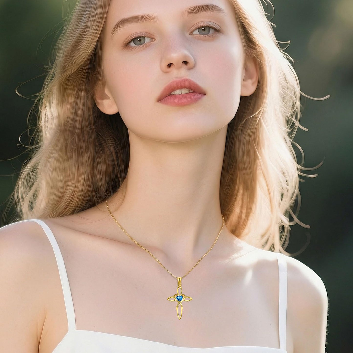 POIUY Celtic Knot Cross Birthstone Necklace for Women 14K Gold Irish Infinity Heart Pendant Cross Jewelry Anniversary Baptism Faith Valentines Birthday Mothers Day Gifts for Mom Wife Her