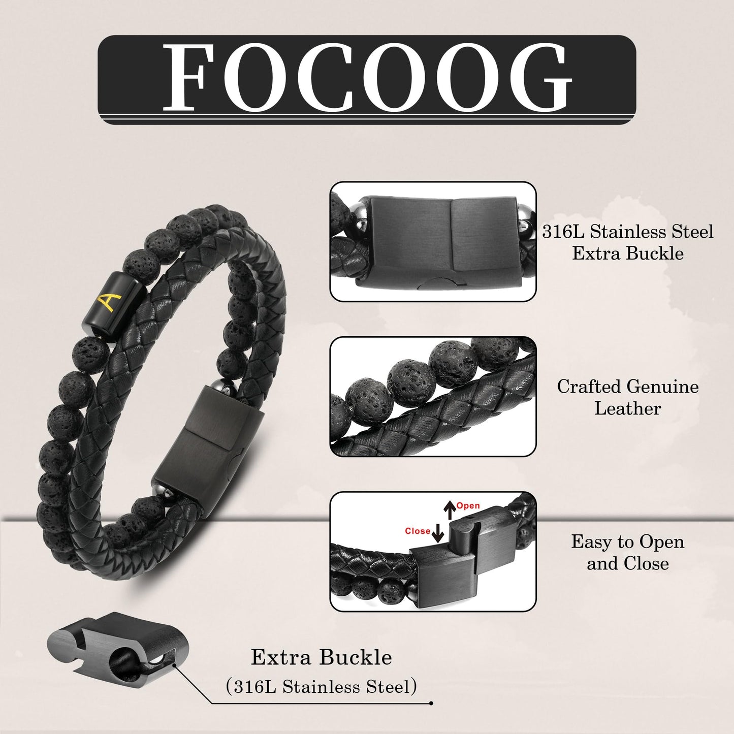 Leather Bracelets for Men with Initial - Men Gifts Lava Rock Bead Magnetic Clasp Gift for Dad Black Mens Leather Bracelets Men's Initial D Bracelet for Men's Jewelry Mens Gifts for Dad Husband
