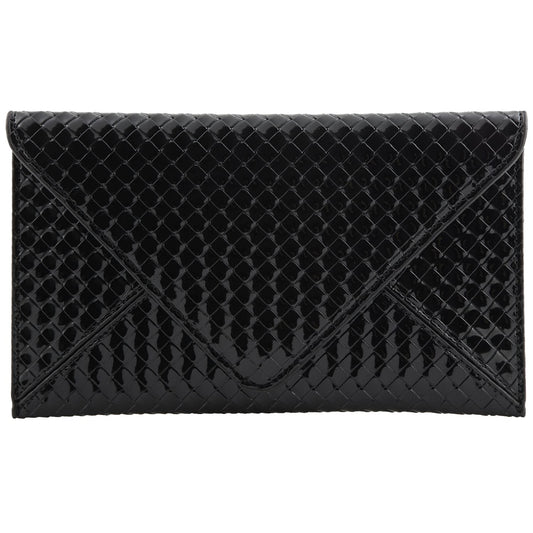 JNB Glossy Envelope Clutch Purse for Women, Faux Patent Leather Evening Bag with Detachable Chain Strap, Magnetic Snap Closure, Zipper Pocket, Black with Gold Hardware