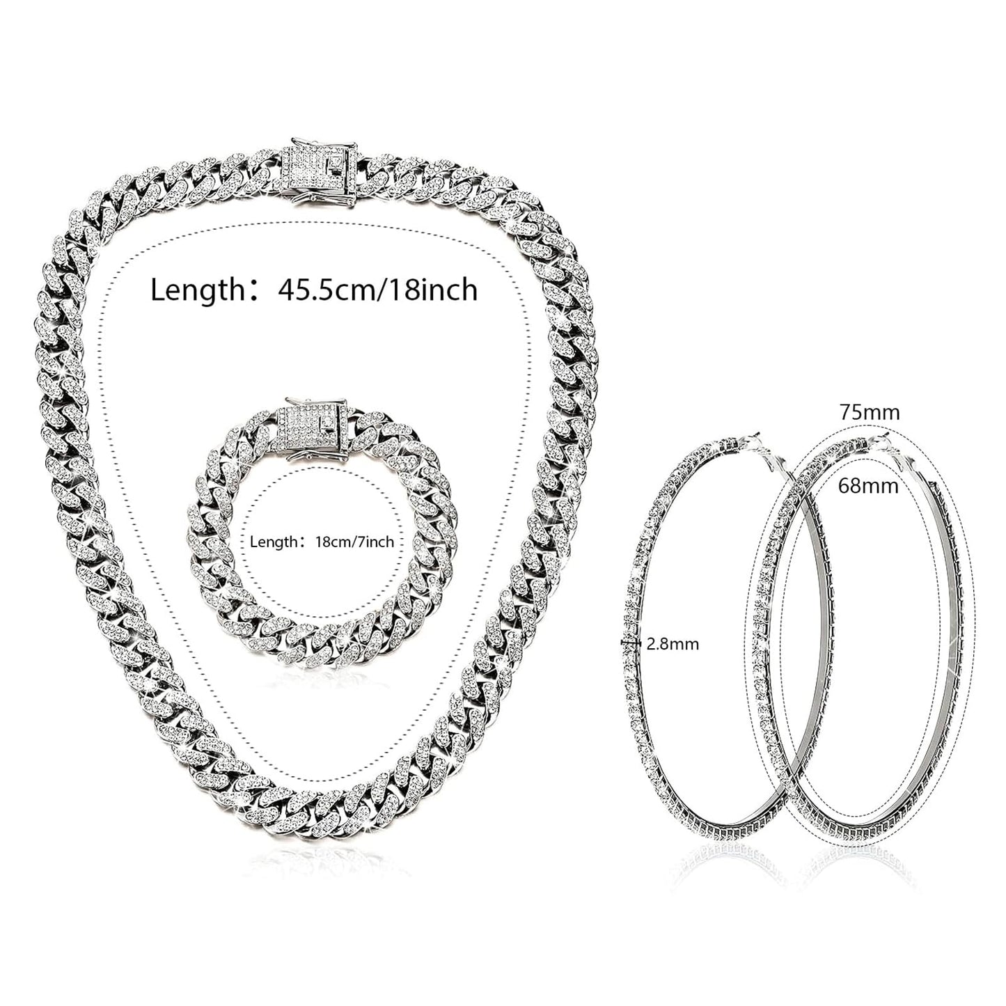 LULII Link Chain Necklace Bracelet Rhinestone Big Circle Hoop Earrings Set Bling Crystal Jewelry Set for Women