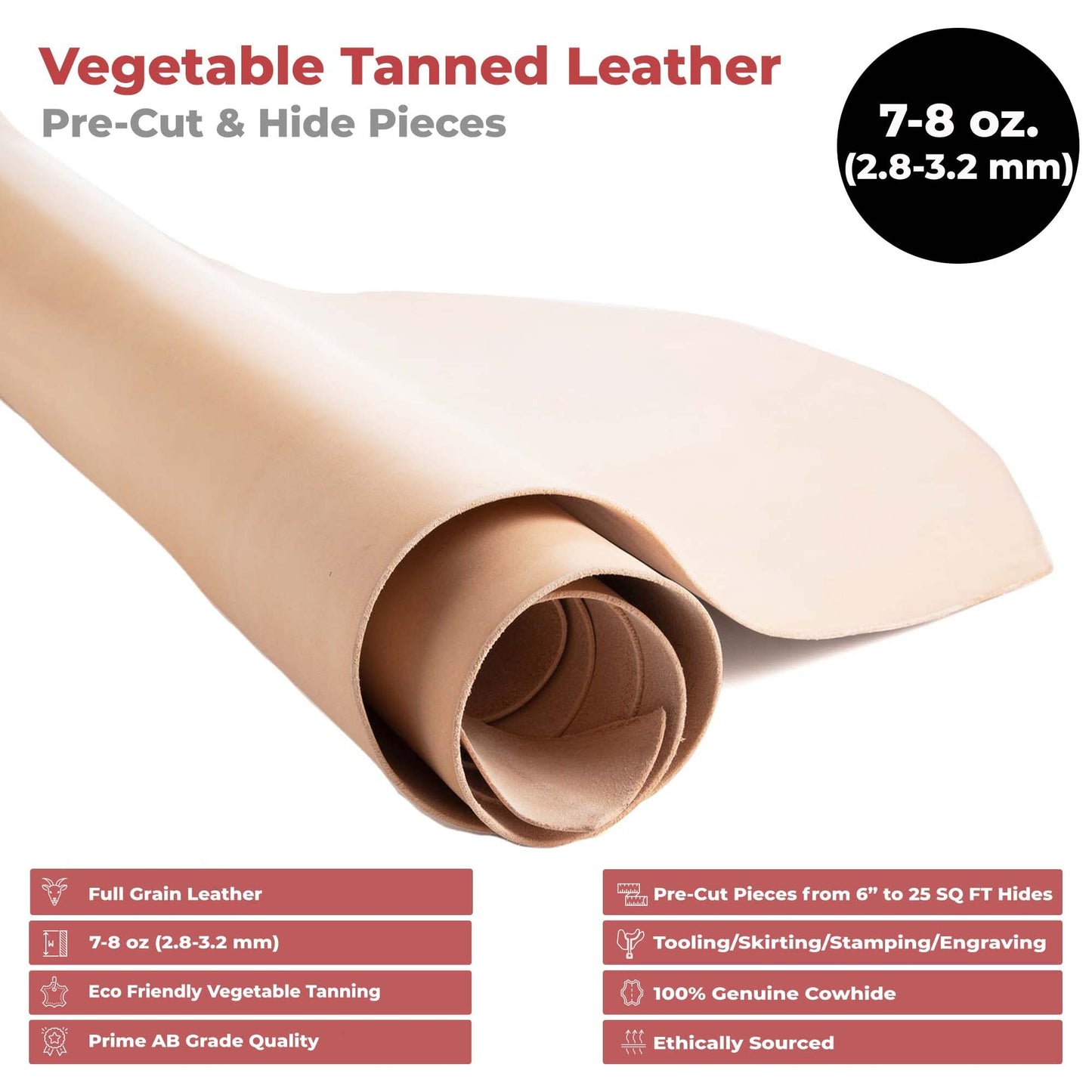 ELW 7-8 oz.(3-3.2 mm) Thickness Pre-Cut Square 8"x8", Tooling Leather Vegetable Tanned Full Grain Leather - Cowhide Leathercraft for Holsters Knife Sheaths Coasters Molding Emboss Stamp Cases