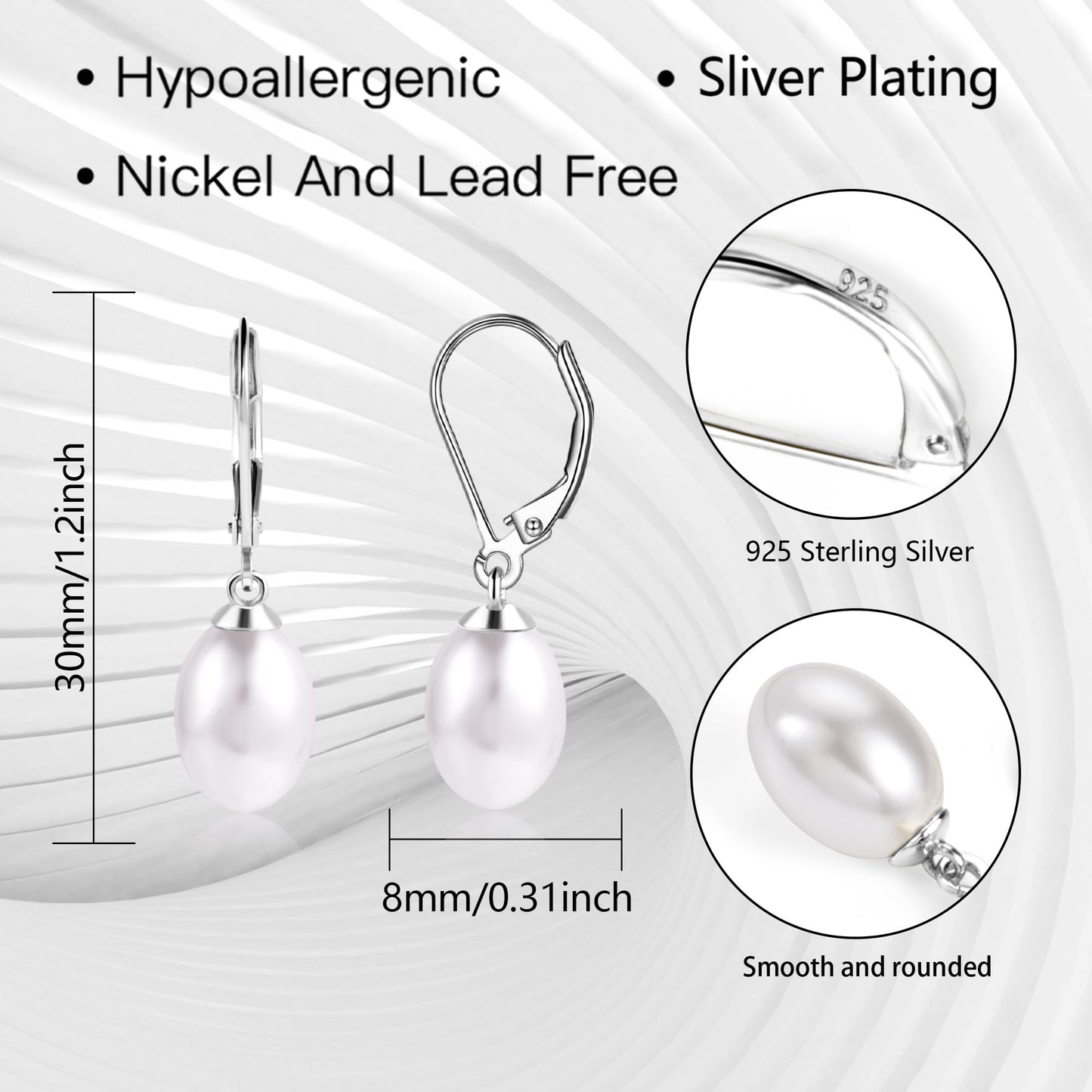 Silver Pearl Dangle Earrings for Women 925 Sterling Silver Pearl Drop Earrings Leverback Hypoallergenic Earring