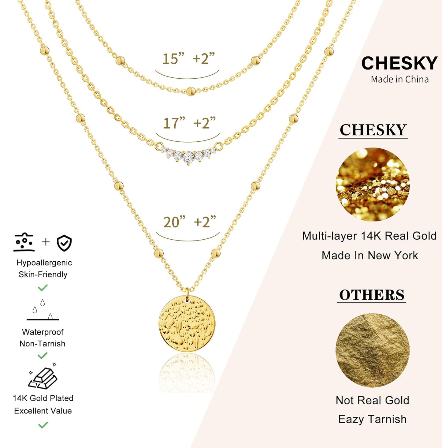 CHESKY 14K Gold Plated Layered Necklaces for Women,Stackable Dainty CZ Bar Disc Pendant Necklace Adjustable Layering Beads Chain Choker Necklace Jewelry Gifts