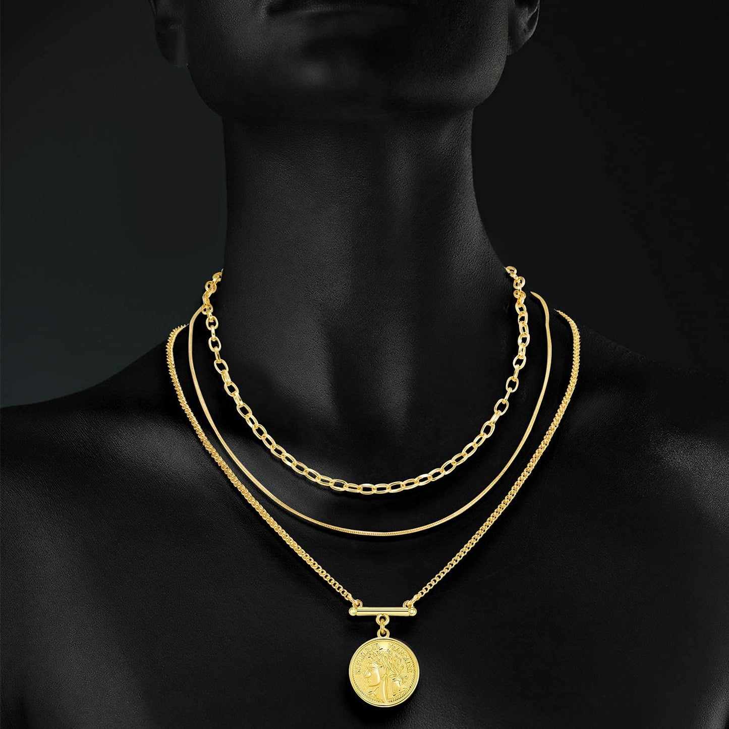 LANE WOODS 18k Gold Plated Necklaces for Women - Stackable Coin Medallion Pendant Necklace Adjustable Layered Choker Necklaces Chain Set Jewelry