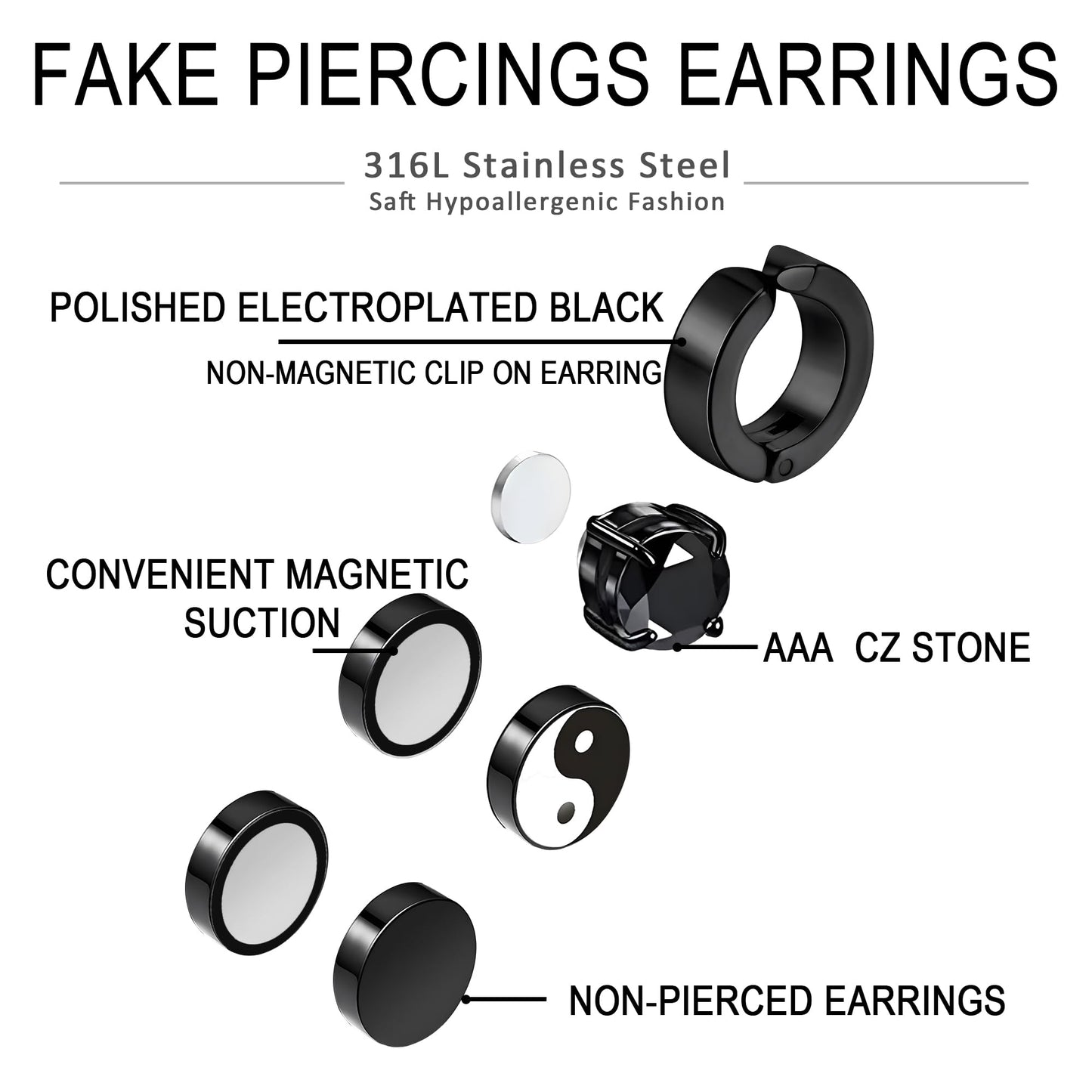 Trinckle Magnetic Earrings for Men and Women, 4 Pairs Black Magnet Earrings Stainless Steel Stud Hypoallergenic Clip on Magnetic Studs Aretes De Imanes Para Hombre Men's Jewelry