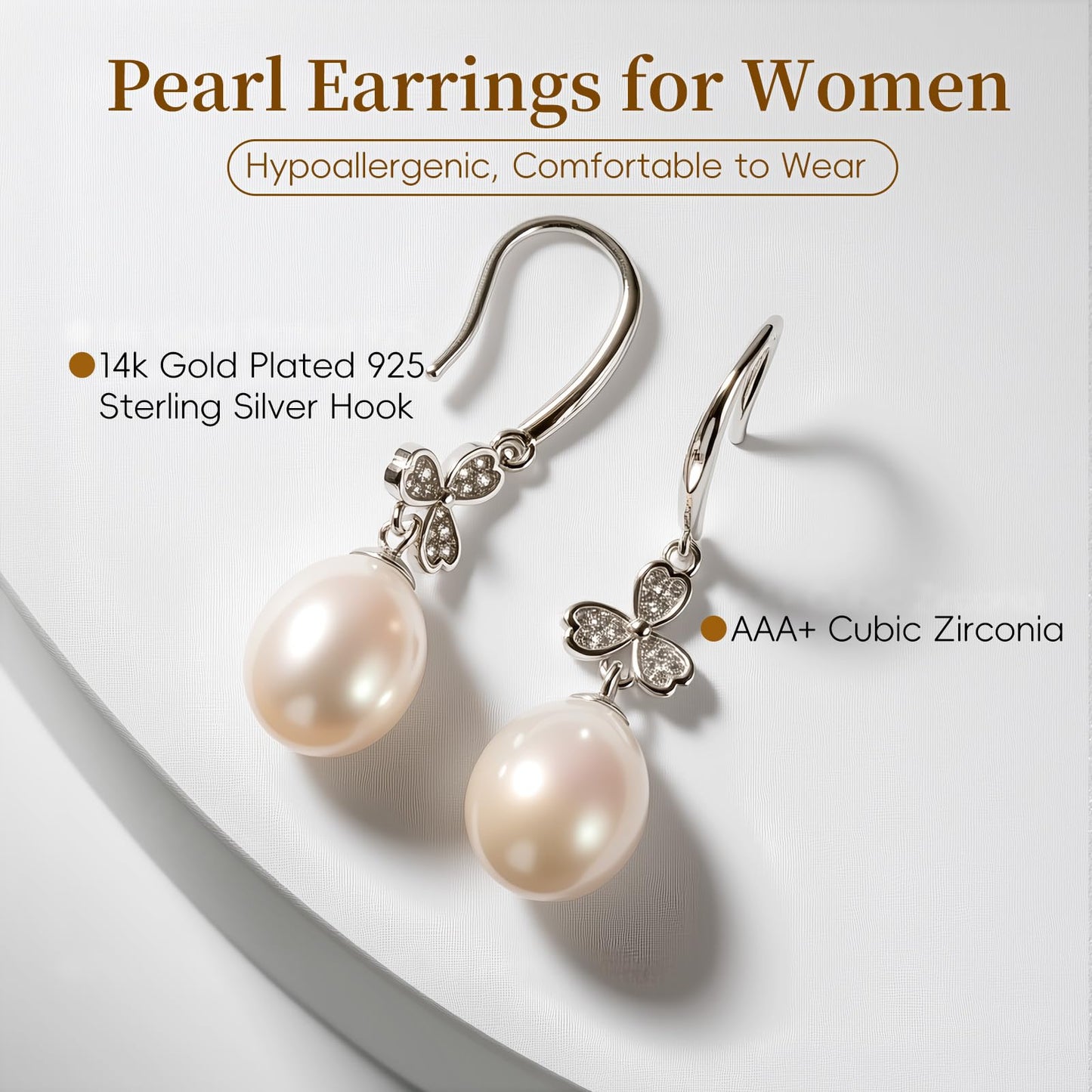 Pearl Drop Earrings for Women, Gold Plated & 925 Sterling Silver, Pink & White Dangle Earrings, Dainty Cute Elegant Bridal Wedding Gift for Her
