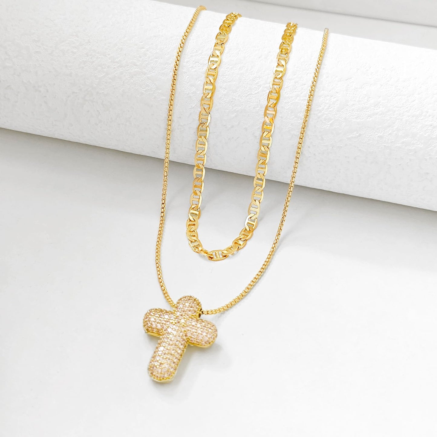 OGD Layered Gold Necklaces for Women 14k Gold Plated Cross Necklace for Women Stackable Stacked Stacking Dainty Gold Necklace Mariner Chain Necklace CZ Cross Pendant Necklaces Set Simple Jewelry Gift