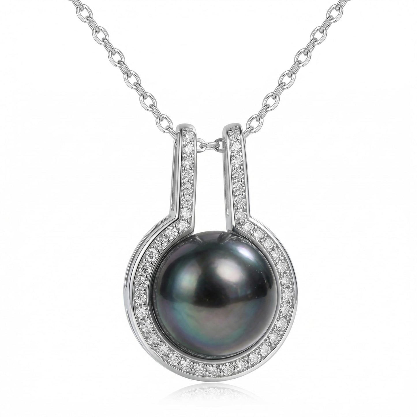 Tahitian Black Pearl Necklace for Women, 9-10mm Black Pearl -Sterling Silver Moissanite Pendant, Wedding Anniversary, Birthday, Christmas Gift for Wife, Mom, Girlfriend, Fine Jewelry