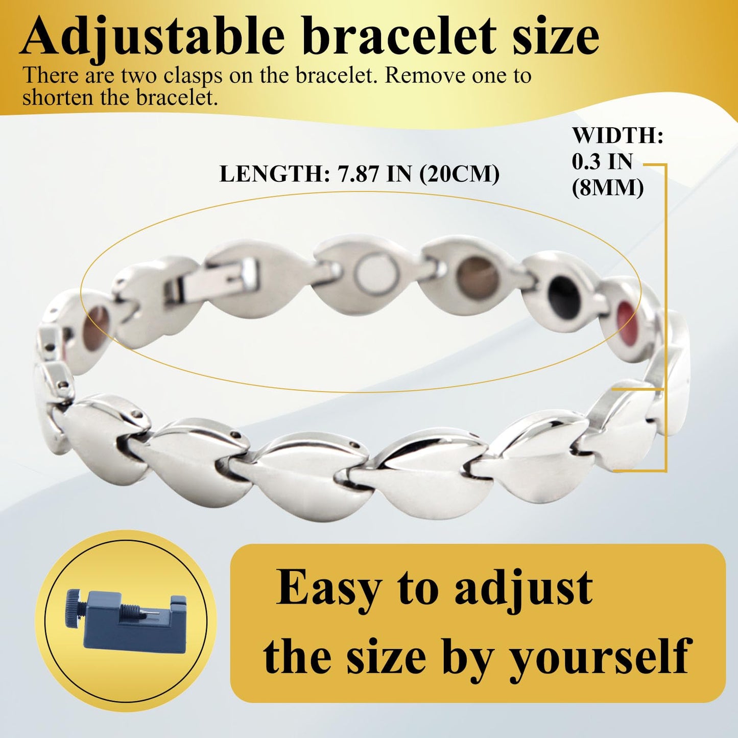 KYOSI Magnetic Bracelets for Women Stainless Steel Womens Magnet Bracelet Leaf Shape Fashion Christmas Gift (Silver, 7.87 inches)