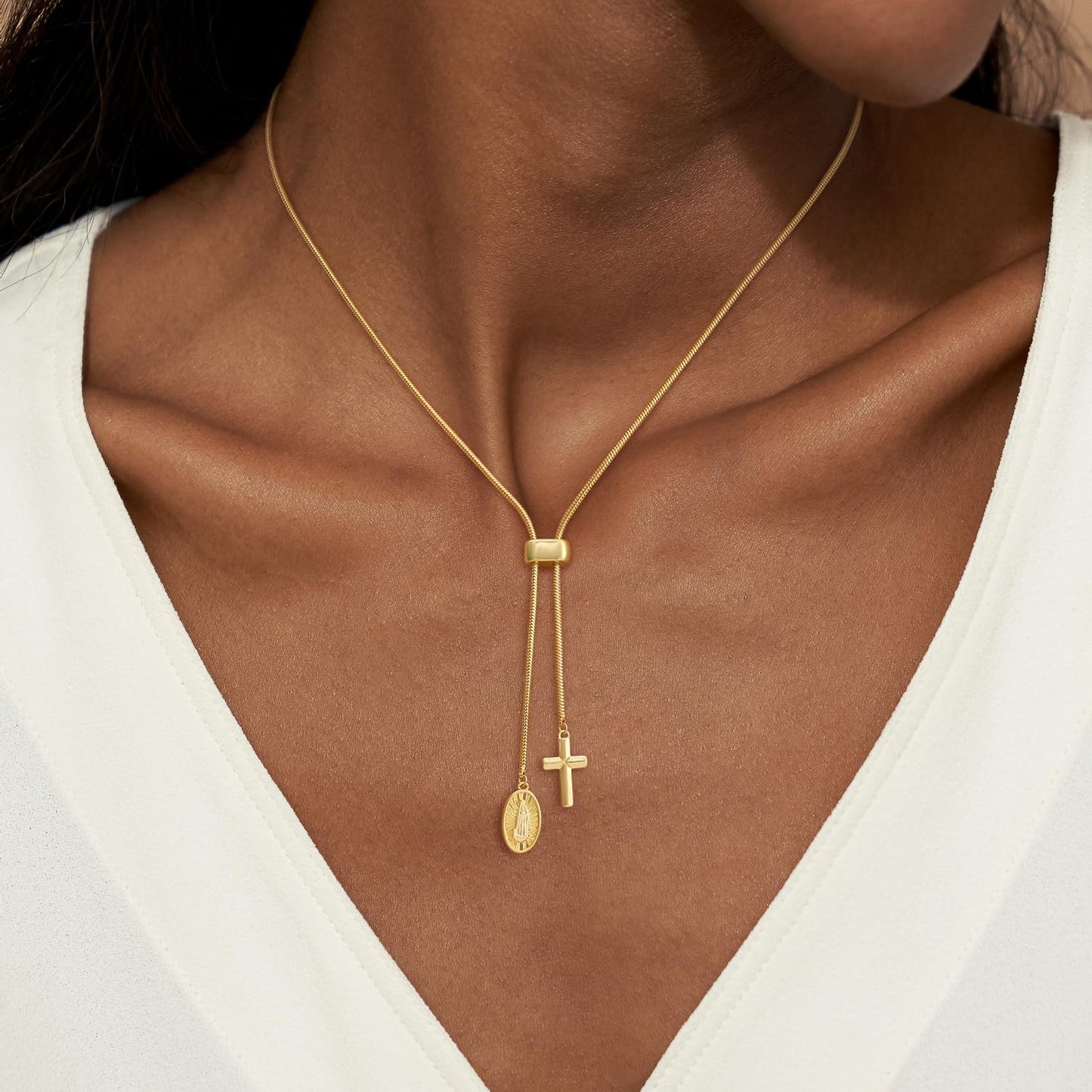 CHESKY 14K Gold Plated Long Necklace for Women Y Shaped Necklace Rosary Cross Drop Pendant Necklace Dainty Trendy Christian Jewelry