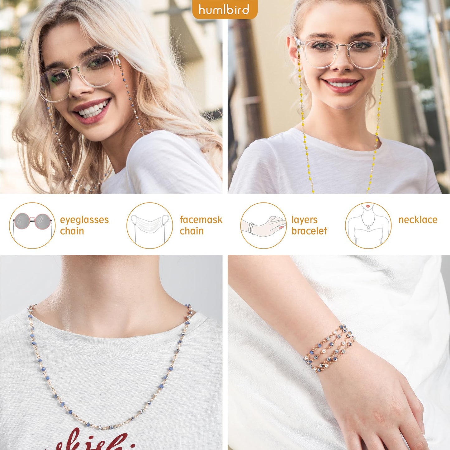 humlbird Eyeglasses Chain for Women Stylish Mask Lanyard Natural Crystal Mask Chain Eye Glasses Holder Strap Around Neck